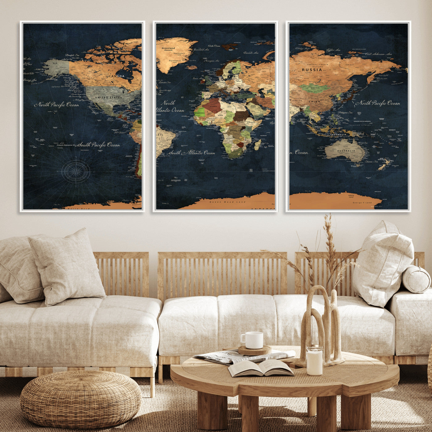 53717402-MGV-CV-36X24 - World Map Wall Art Canvas Print, Modern Decorative Framed Map Artwork Prints for Living Room, Office, Bedroom Wall Decor