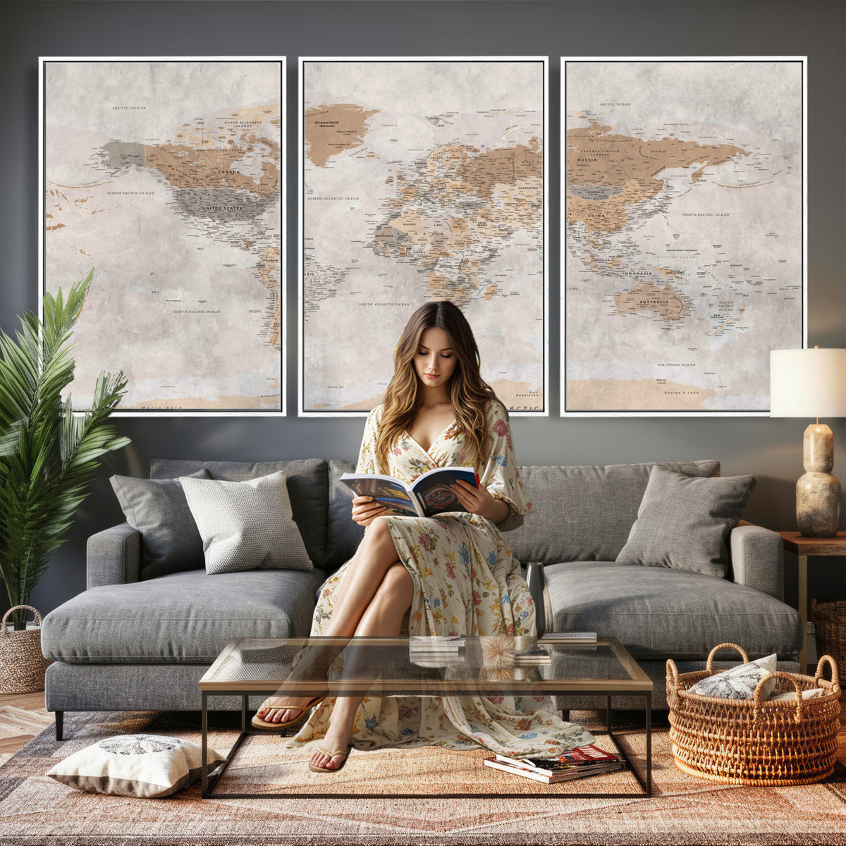34051638-MGV-CV-36X24 - Detailed World Map Wall Art Canvas Print for Home and Office Decor