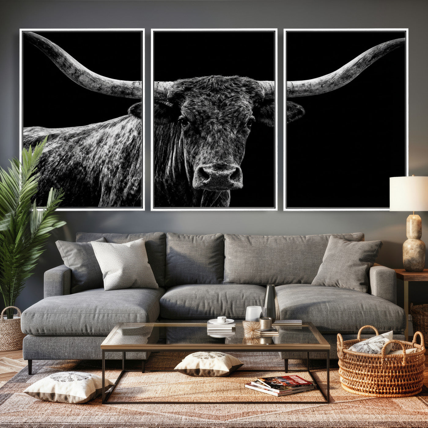 86568508-MGV-CV-36X24 - Vintage Texas Longhorn Bull Wall Art Canvas Print, Texas Cow Portrait Print, Framed Bull Wall Art Ready to Hang