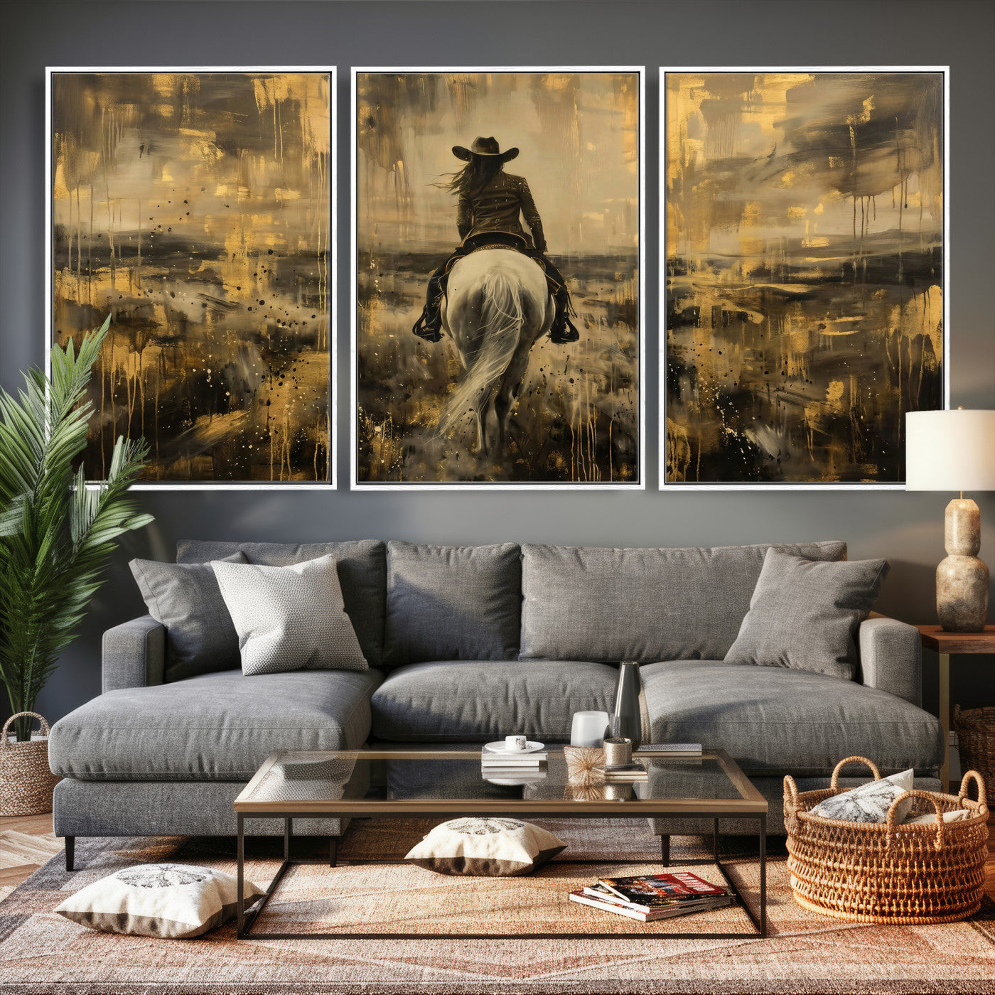 20465530-MGV-CV-36X24 - Cowgirl Wall Art Canvas Print, Western Horse Rider Wall Art, Framed Wall Art Ready to Hang