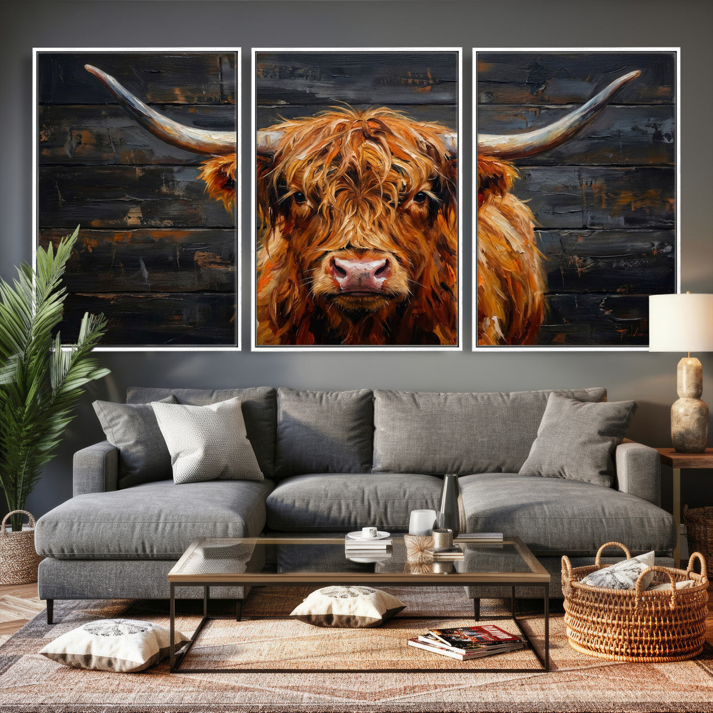 32536611-MGV-CV-36X24 - Highland Cow Wall Art Canvas Print, Rustic Farm Animal Painting, Framed Wall Art Ready to Hang