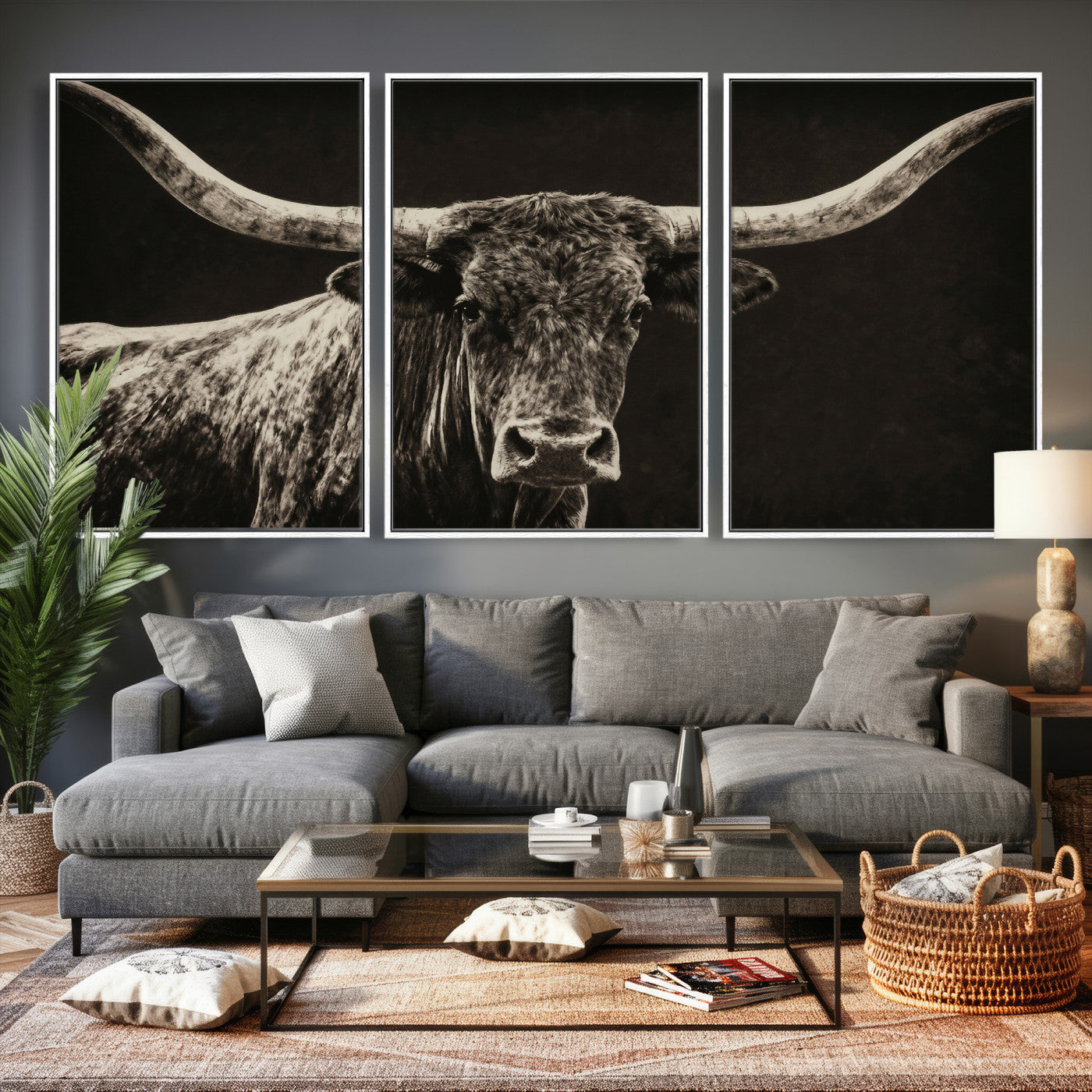 74513721-MGV-CV-36X24 - Vintage Texas Longhorn Bull Wall Art Canvas Print, Cow Portrait Photography Print, Framed Wall Art Ready to Hang