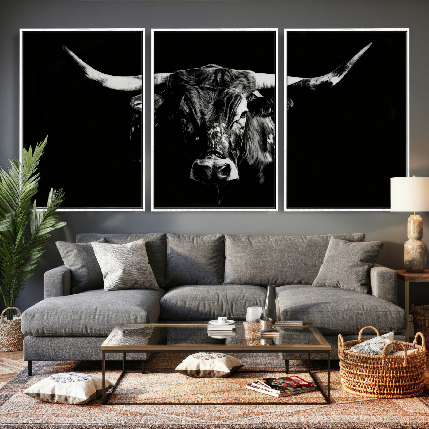 21436434-MGV-CV-36X24 - Black Bull Wall Art Canvas Print, Dark Longhorn Portrait Photography, Framed Wall Art Ready to Hang
