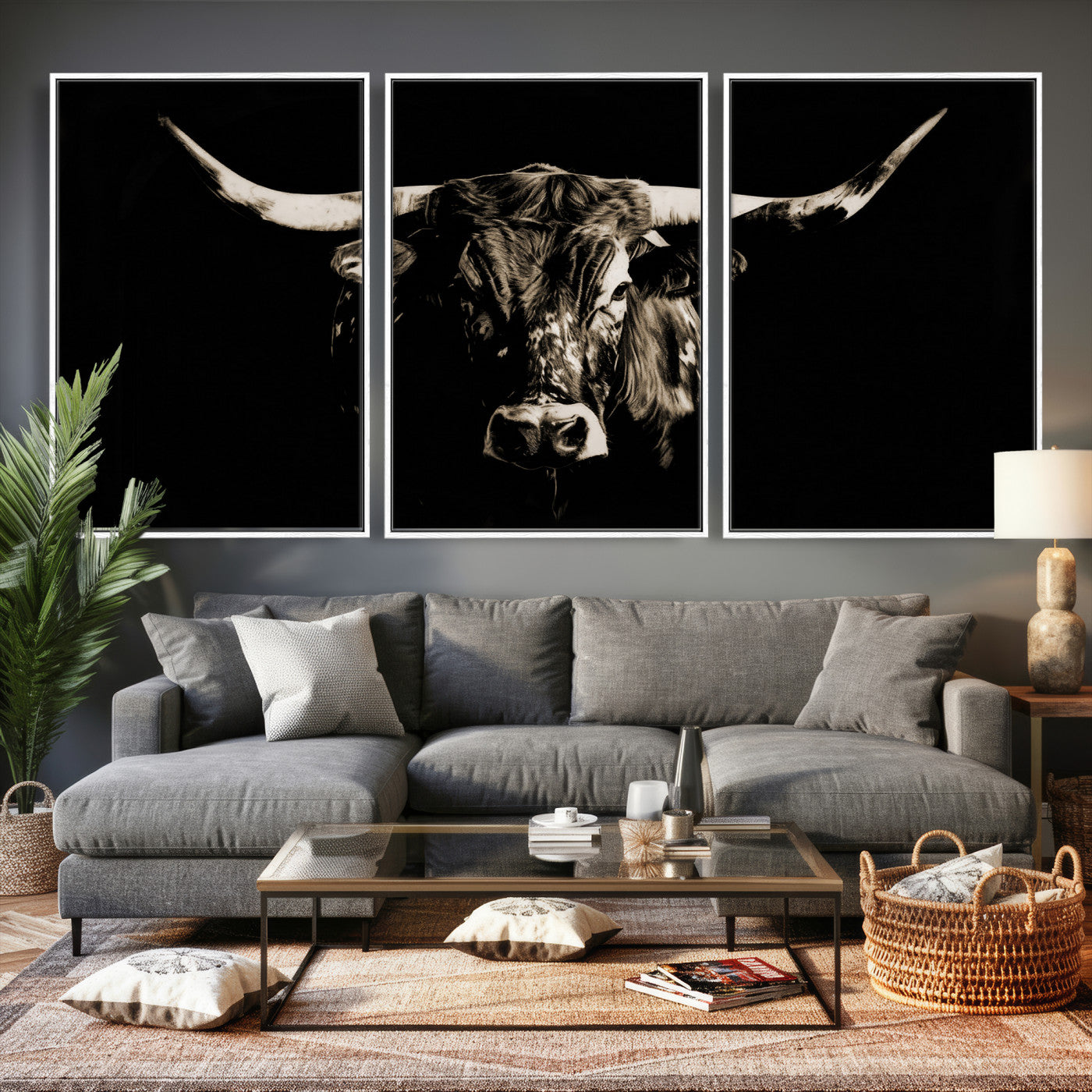75774468-MGV-CV-36X24 - Black Bull Wall Art Canvas Print, Dark Longhorn Portrait Photography, Framed Wall Art Ready to Hang