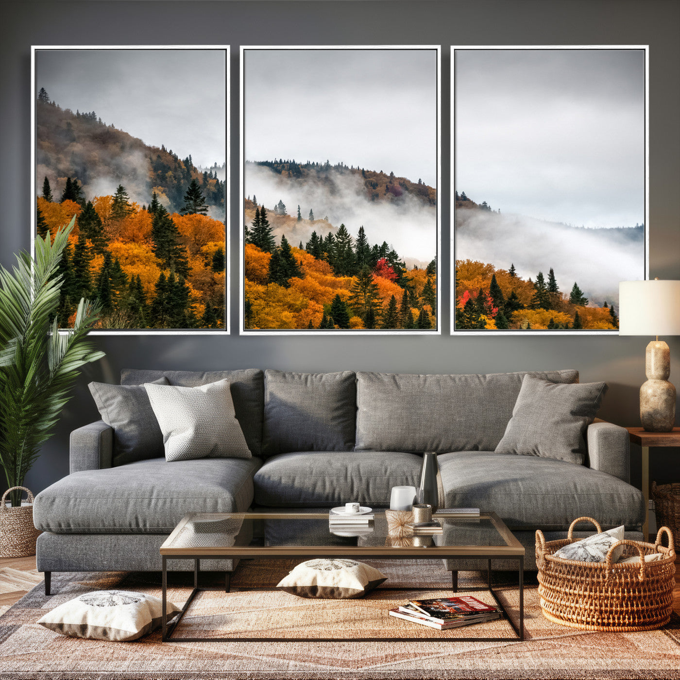 93581632-MGV-CV-36X24 - Autumn Forest Wall Art Canvas Print, Foggy Mountain Landscape Nature Photography, Framed Wall Art Ready to Hang