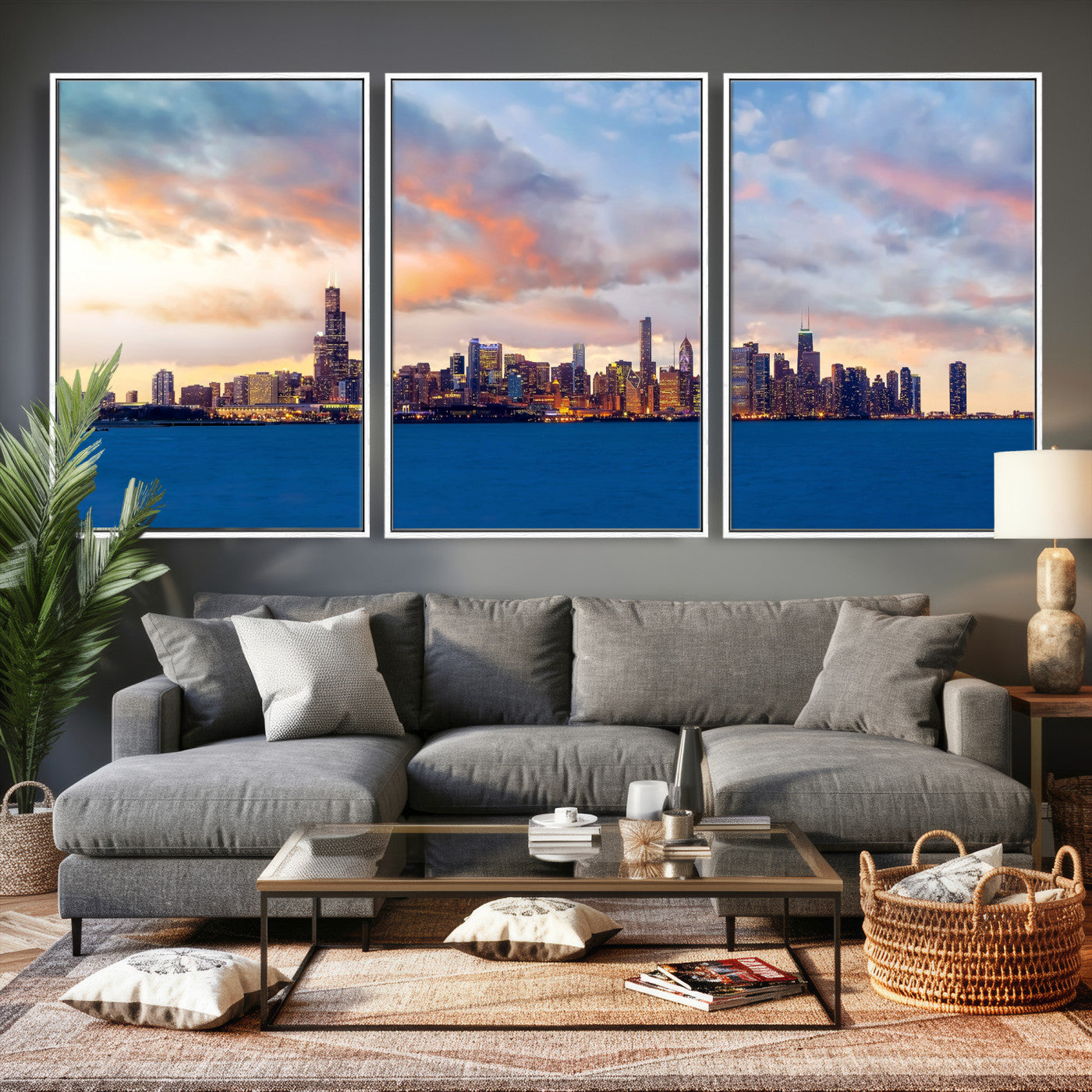 34667960-MGV-CV-36X24 - Chicago Wall Art Canvas Print, Chicago City Downtown Night Cityscape Print for Modern Urban Wall Decor