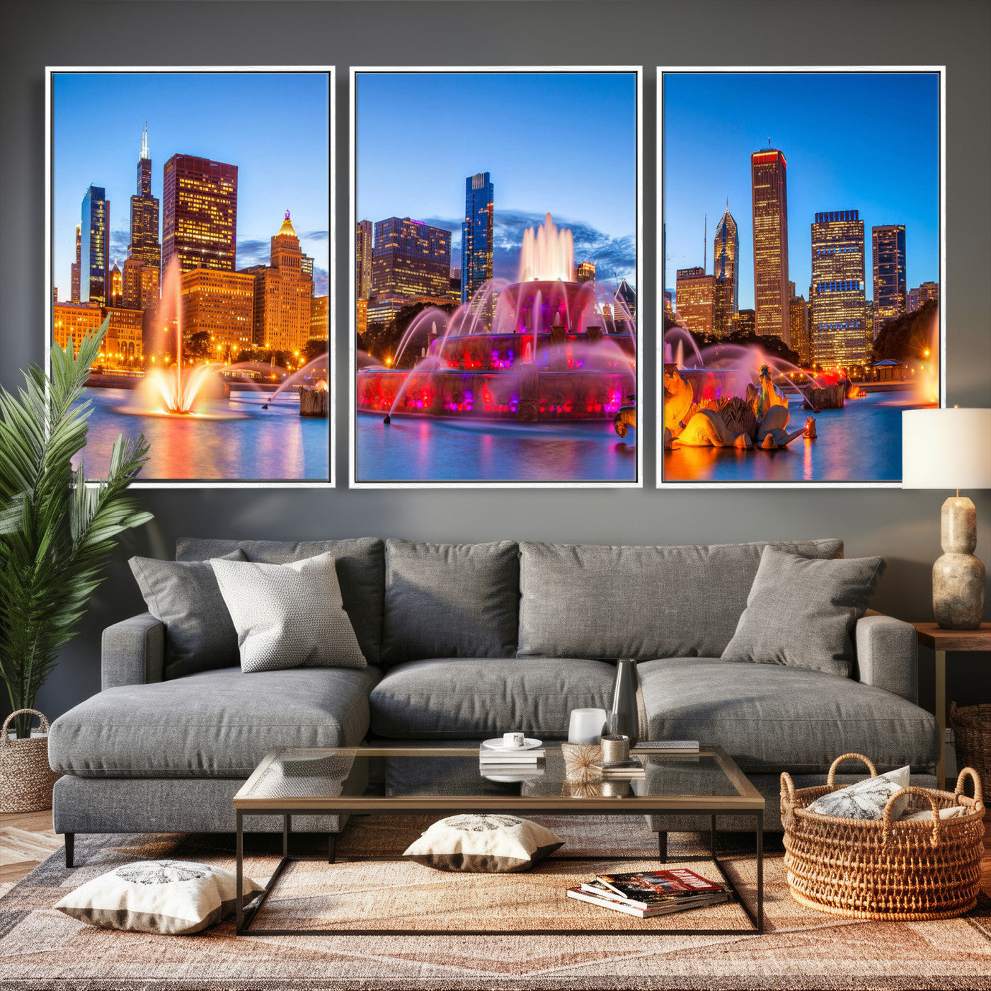 20251989-MGV-CV-36X24 - Chicago Wall Art Canvas Print, Chicago City Downtown Night Cityscape Print for Modern Urban Wall Decor