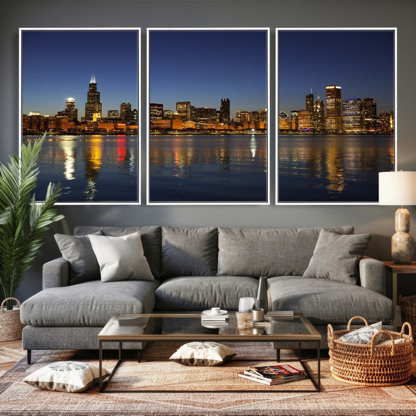 67308035-MGV-CV-36X24 - Chicago Wall Art Canvas Print, Chicago City Downtown Night Cityscape Print for Modern Urban Wall Decor