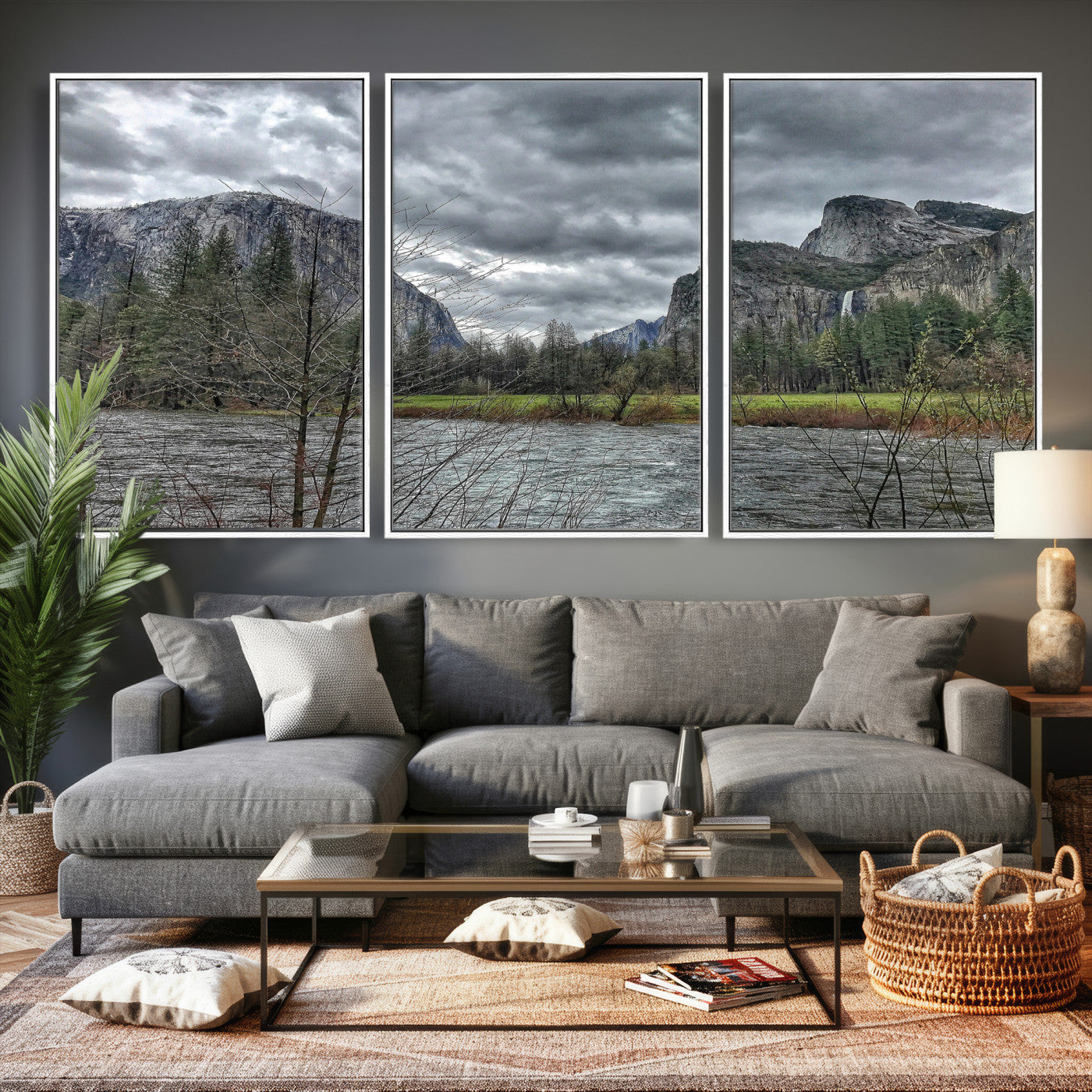 75582552-MGV-CV-36X24 - Yosemite Valley River Landscape Wall Art Canvas Print, Granite Cliffs Forest River Canvas Print, California National Park Moody Scenic Art Printi