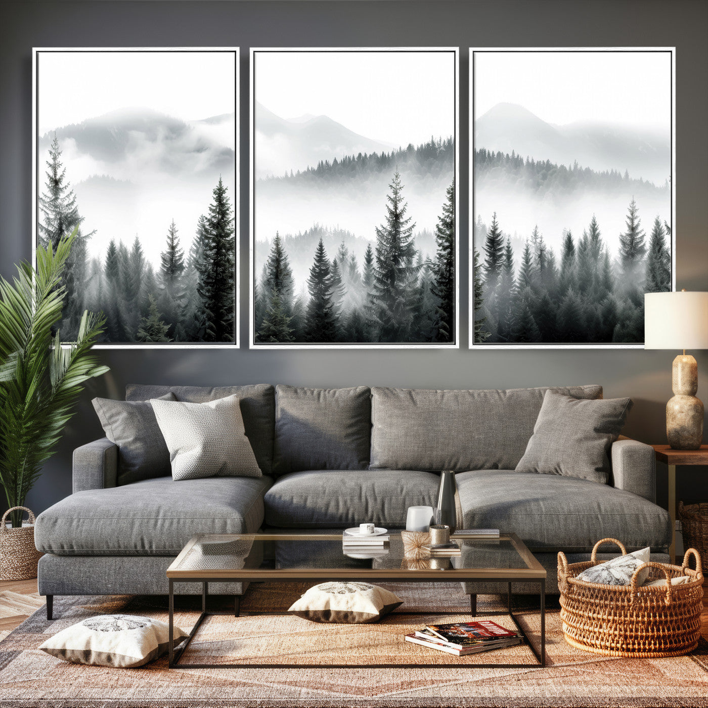 38819032-MGV-CV-36X24 - Misty Pine Forest Mountain Landscape Wall Art Canvas Print, Foggy Evergreen Trees Minimal Nature Canvas Print, Monochrome Wilderness Scenic Art Printing