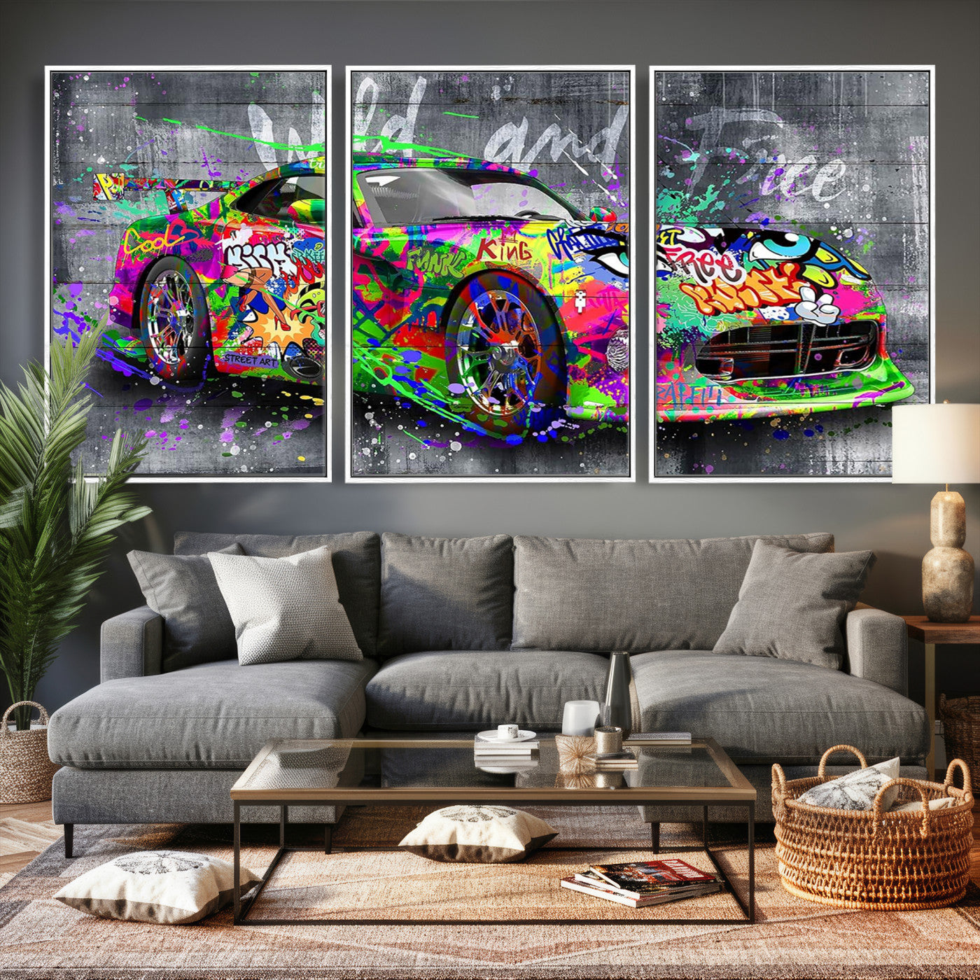 95314968-MGV-CV-36X24 - Graffiti Sports Car Street Art Wall Art Canvas Print, Colorful Urban Supercar Pop Art Canvas Print, Modern Graffiti Car Contemporary Art Printing