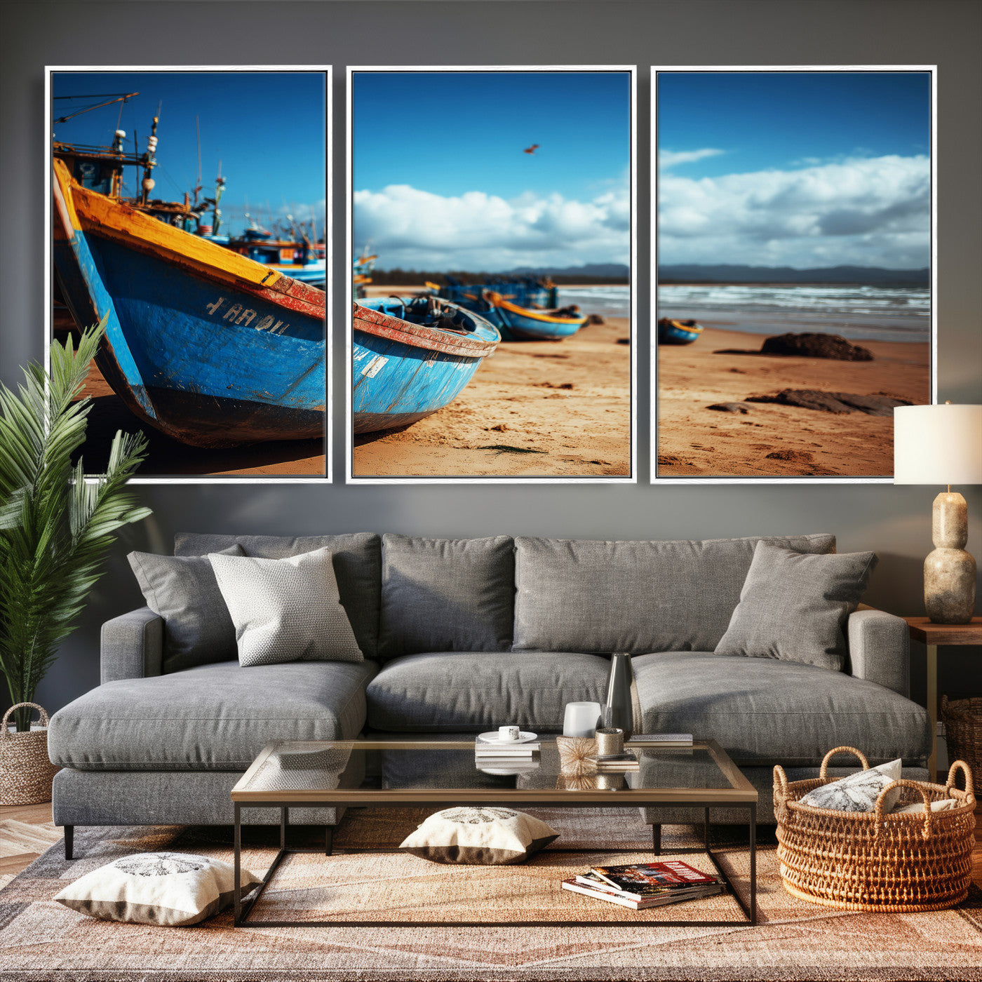 70925201-MGV-CV-36X24 - Fishing Boats Wall Art Canvas Print, Coastal Boat Beach Scene, Nautical Seaside Artwork, Ocean Shore Decor, Coastal Home Wall Art