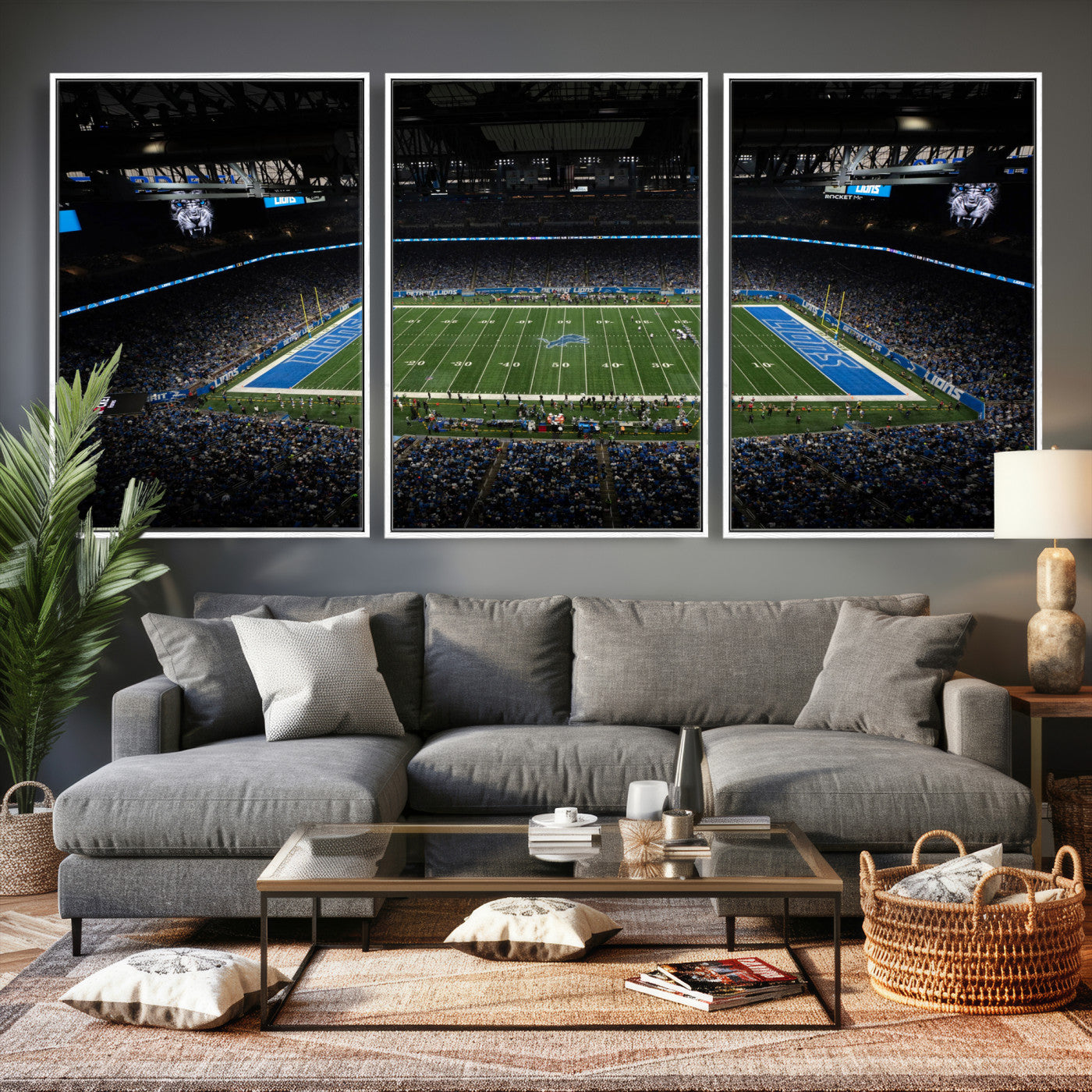 16709602-MGV-CV-36X24 - Detroit Lions Stadium Wall Art Canvas Print, Football Field Panorama Artwork, NFL Game Night Stadium Decor