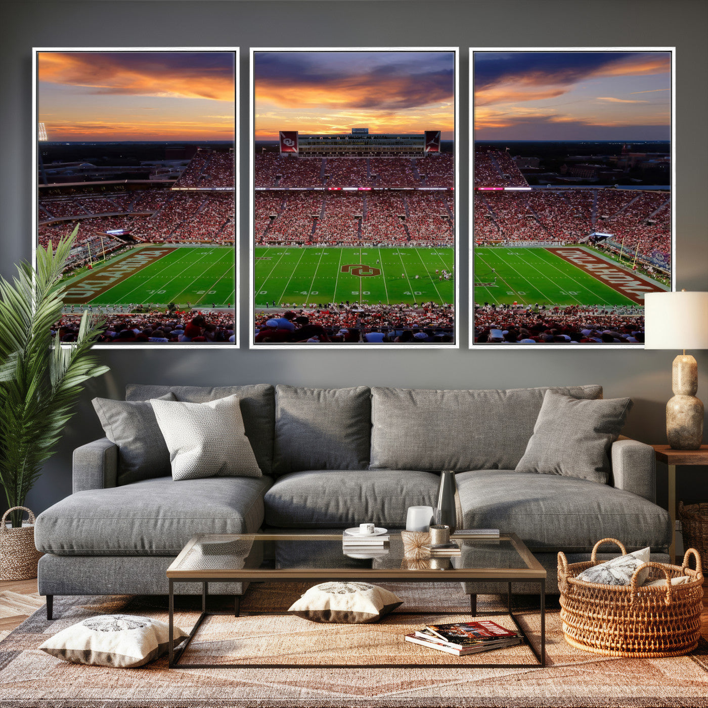51457497-MGV-CV-36X24 - Oklahoma Sooners Stadium Wall Art Canvas Print, College Football Sunset Game Scene, OU Football Field Panorama Wall Decor