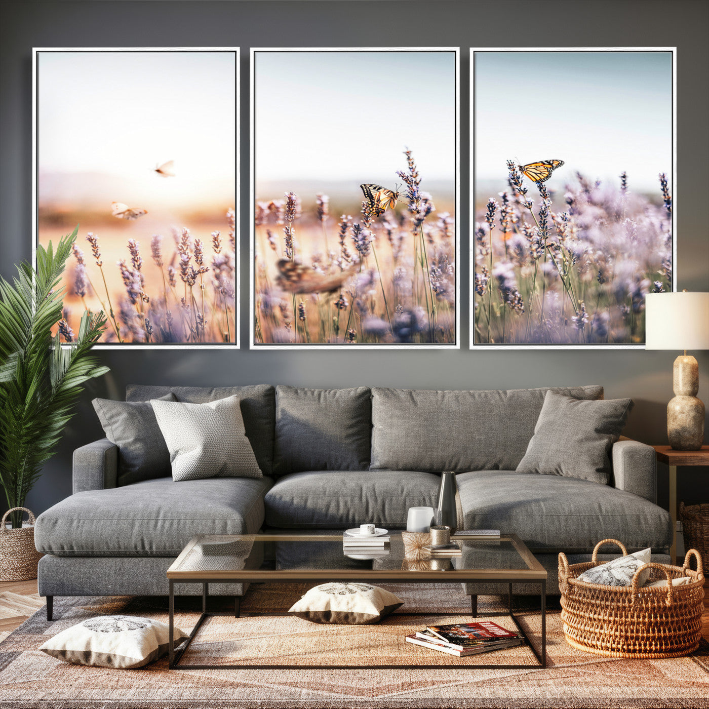 46417478-MGV-CV-36X24 - Lavender Field Wall Art Canvas Print, Butterfly Floral Landscape Art, Soft Nature Wall Decor for Bedroom