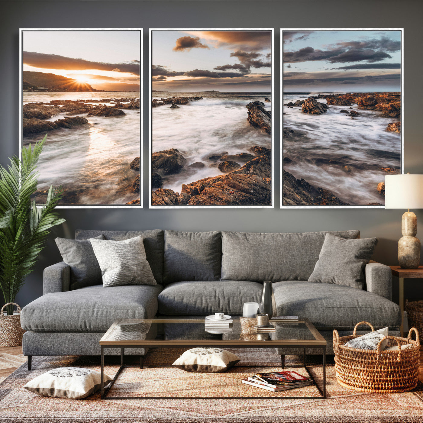 66746024-MGV-CV-36X24 - Rocky Coast Ocean Sunset Wall Art Canvas Print, Dramatic Seascape Nature Wall Decor for Living Room and Office