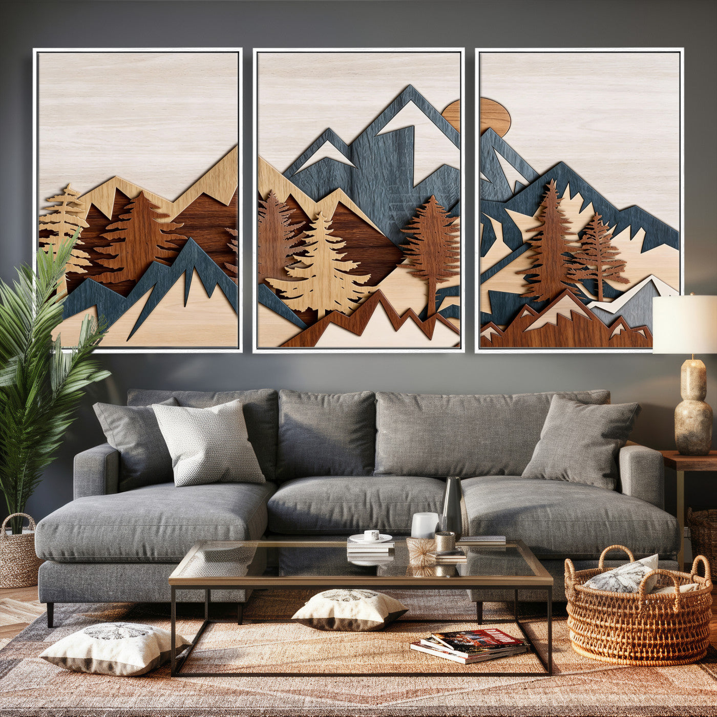 39888898-MGV-CV-36X24 - Layered Wooden Mountain Wall Art Canvas Print, Modern Rustic Forest and Pine Landscape Wall Decor