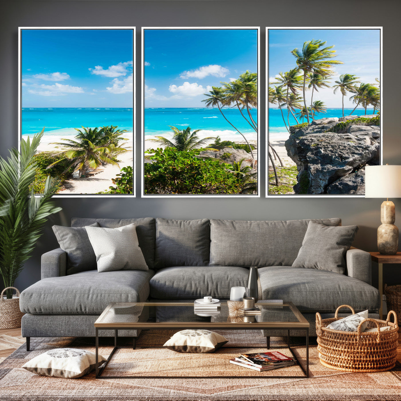 98605610-MGV-CV-36X24 - Tropical Beach Wall Art Canvas Print, Palm Tree Ocean Landscape Photography, Caribbean Coastal Artwork