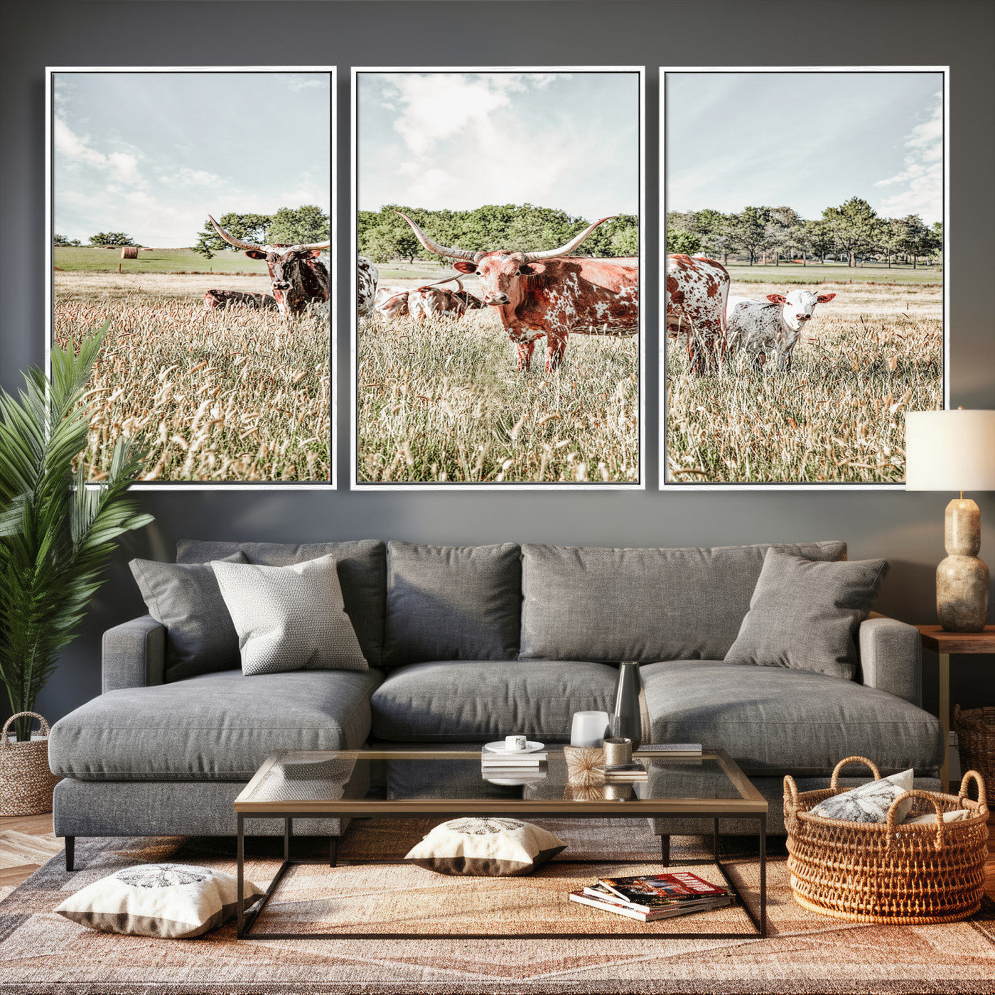 21823552-MGV-CV-36X24 - Texas Longhorn Cattle Wall Art Canvas Print, Rustic Ranch Landscape Artwork, Western Farm Field Scene, Country Prairie Animal Canvas Wall Art