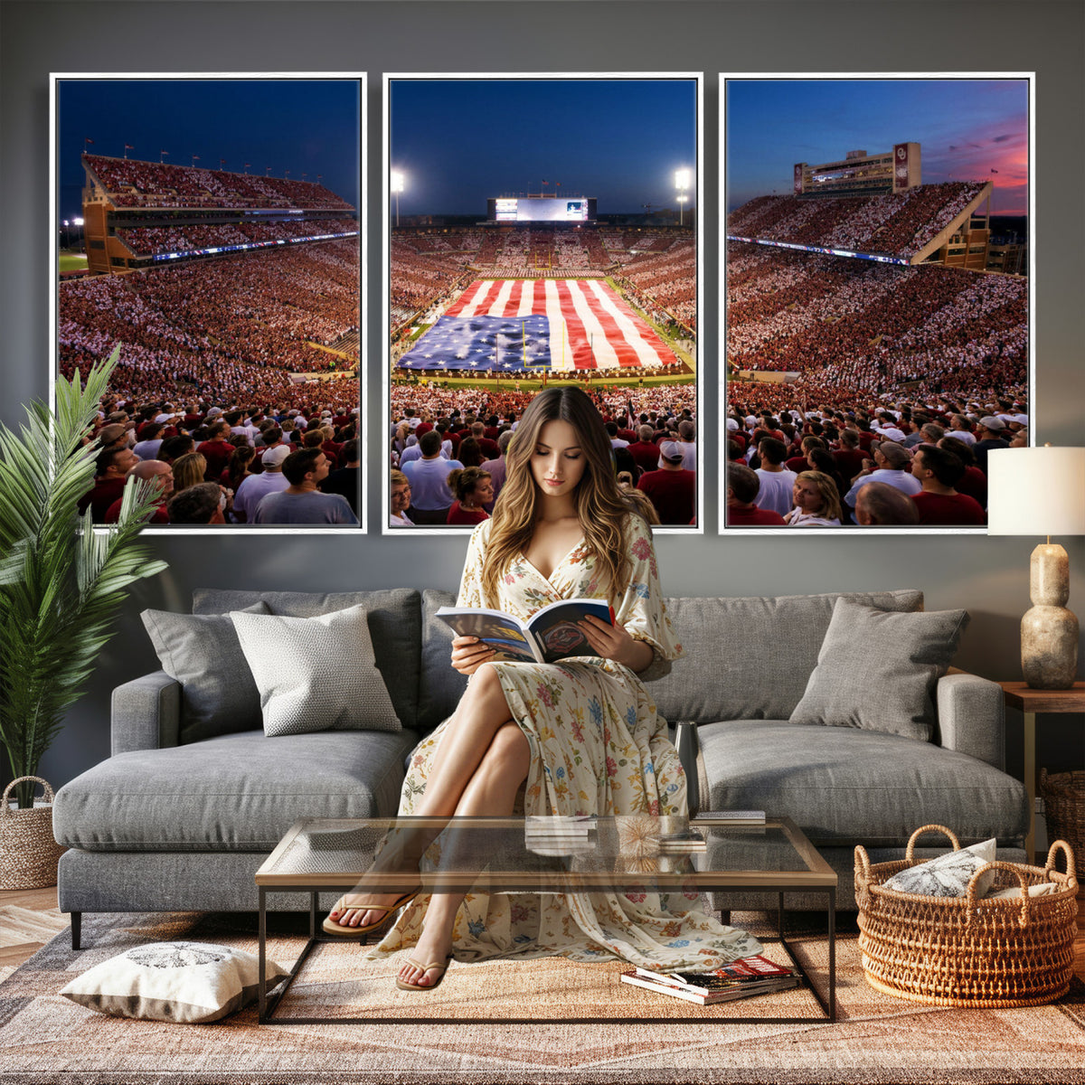 59917418-MGV-CV-36X24 - Oklahoma Memorial Stadium Wall Art Canvas Print – Oklahoma Sooners Football Artwork for Home, Office, and Sports Room Decor