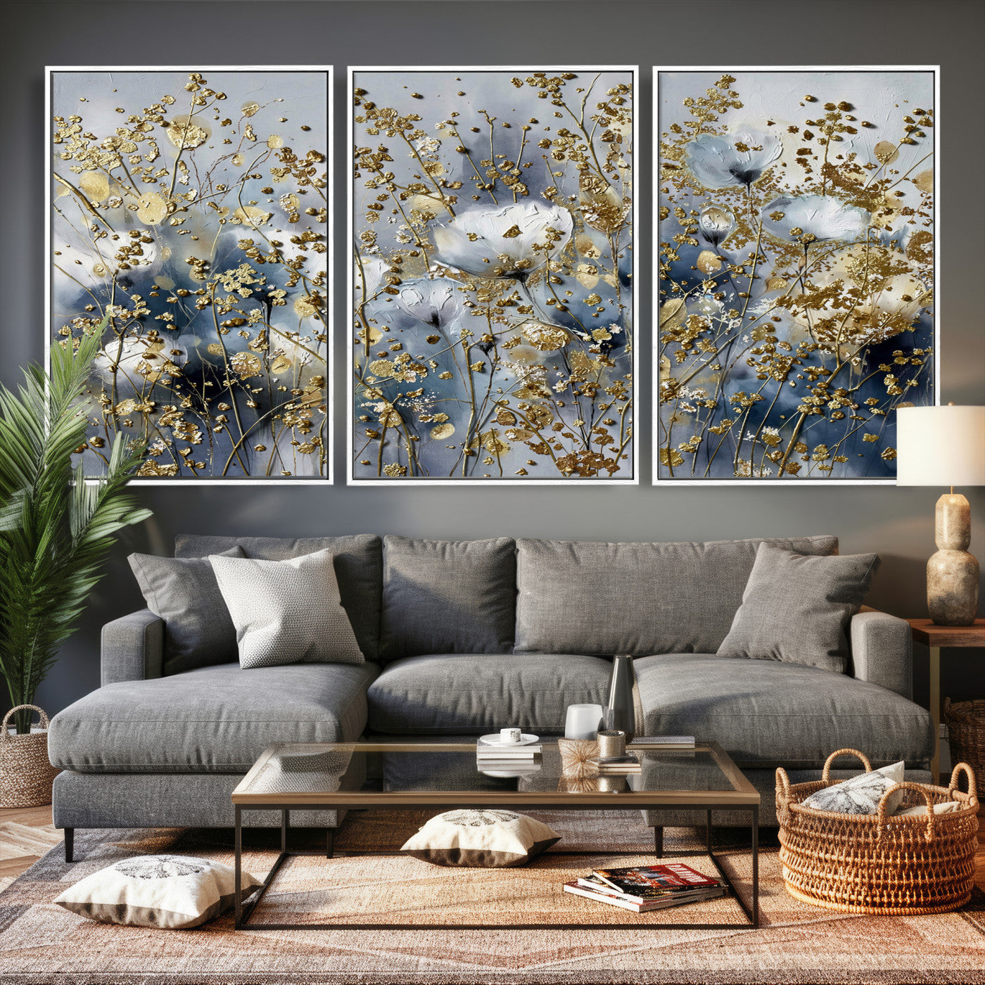 24499670-MGV-CV-36X24 - Abstract Floral Wall Art Canvas Print – Gold and Blue Botanical Artwork for Living Room, Bedroom, and Office Decor