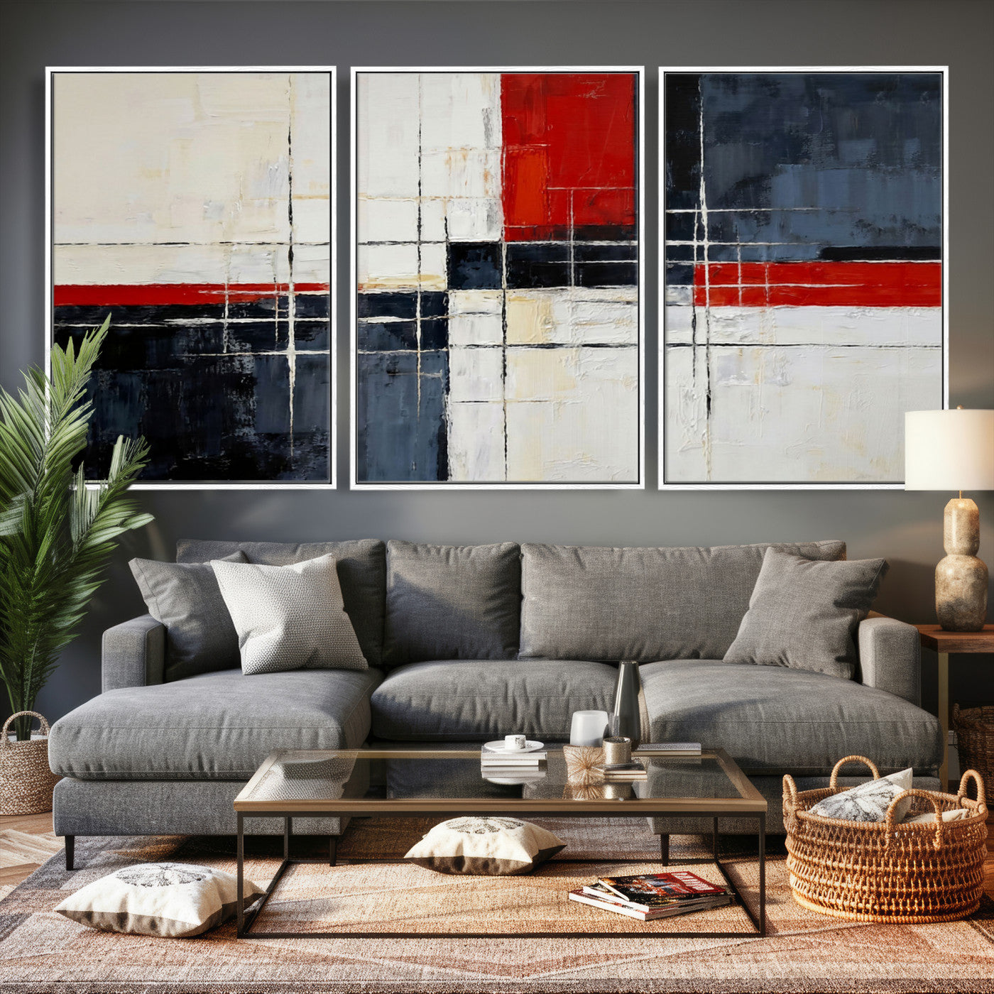 44088165-MGV-CV-36X24 - Navy Red Abstract Wall Art Canvas Print, Modern Luxury Geometric Painting Wall Decor for Living Room and Office