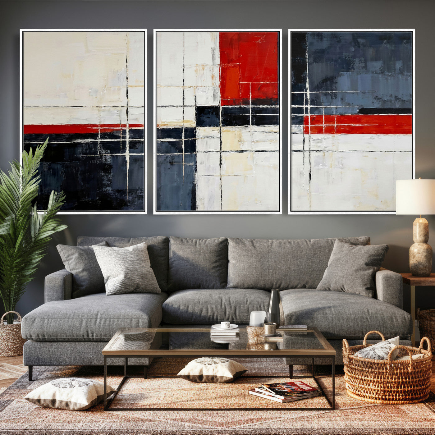 11921181-MGV-CV-36X24 - Navy Red Abstract Wall Art Canvas Print, Modern Luxury Geometric Painting Wall Decor for Living Room and Office