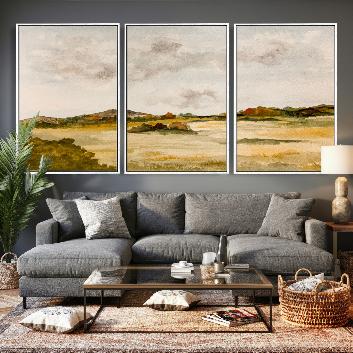 94151004-MGV-CV-36X24 - Watercolor Abstract Countryside Wall Art Canvas Print, Neutral Pastoral Landscape Painting Wall Decor for Modern Farmhouse Interiors