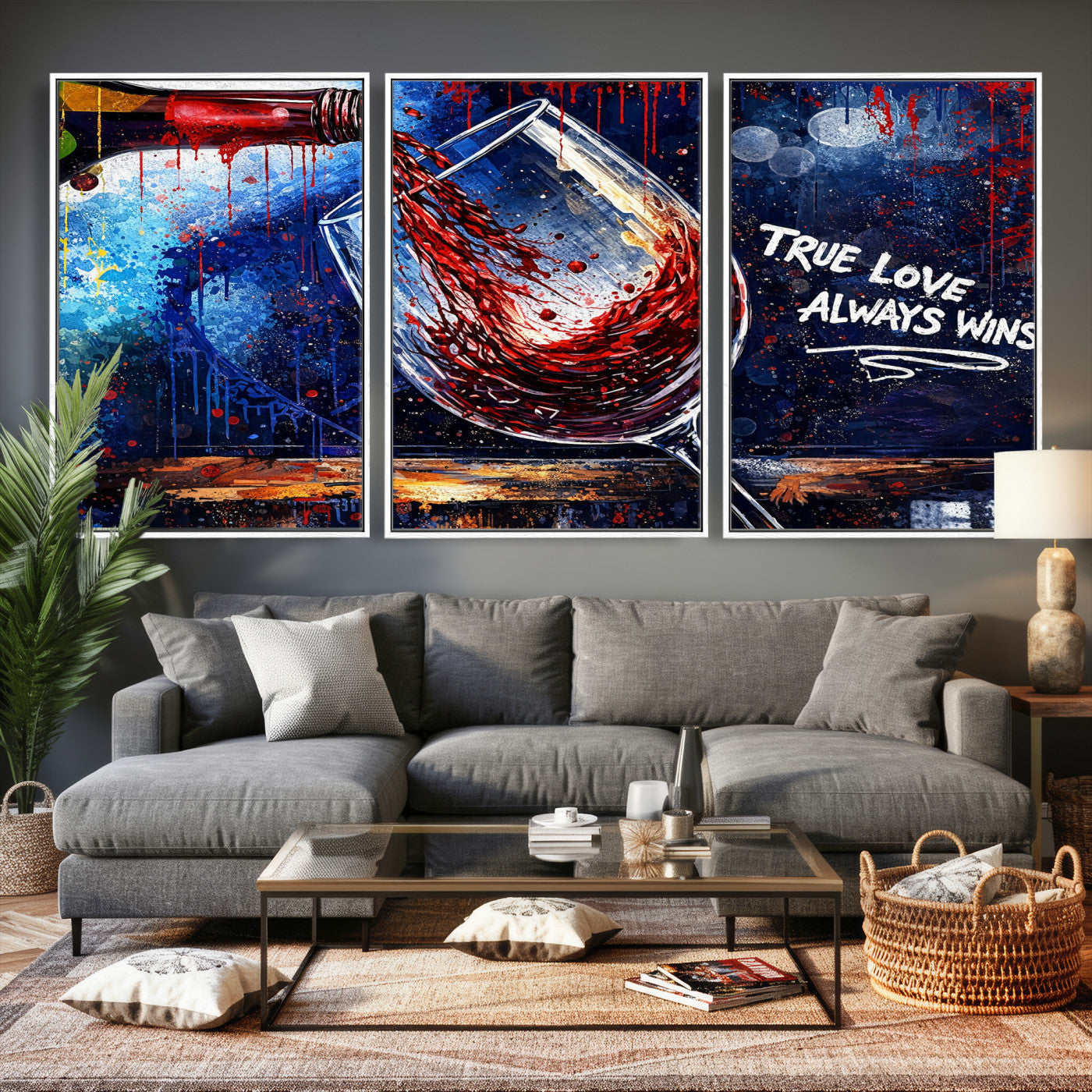 88788932-MGV-CV-36X24 - Red Wine Splash Abstract Wall Art Canvas Print, Modern Wine Glass Painting Canvas Print, Romantic Quote Contemporary Bar Art Print