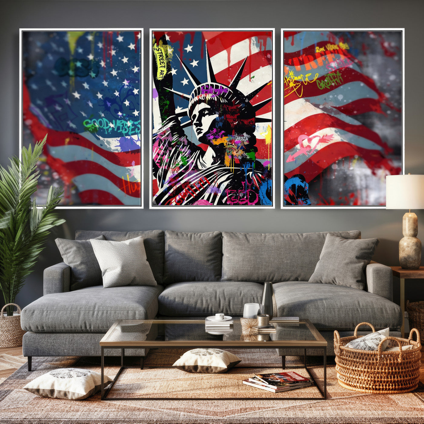 32151941-MGV-CV-36X24 - USA Statue of Liberty Graffiti Street Art Wall Art Canvas Print, American Flag Urban Pop Art Canvas Print, Modern Patriotic Street Art Contemporary Art Printing