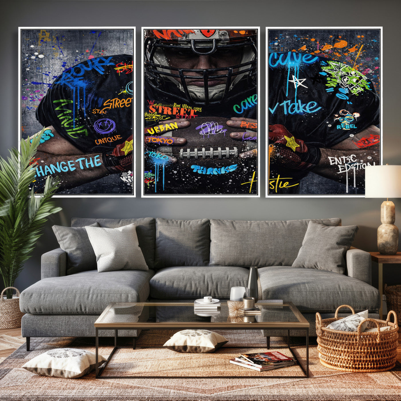 55267256-MGV-CV-36X24 - Graffiti American Football Player Street Art Wall Art Canvas Print, Urban Sports Pop Art Football Canvas Print, Modern Athletic Graffiti Contemporary Art Printing