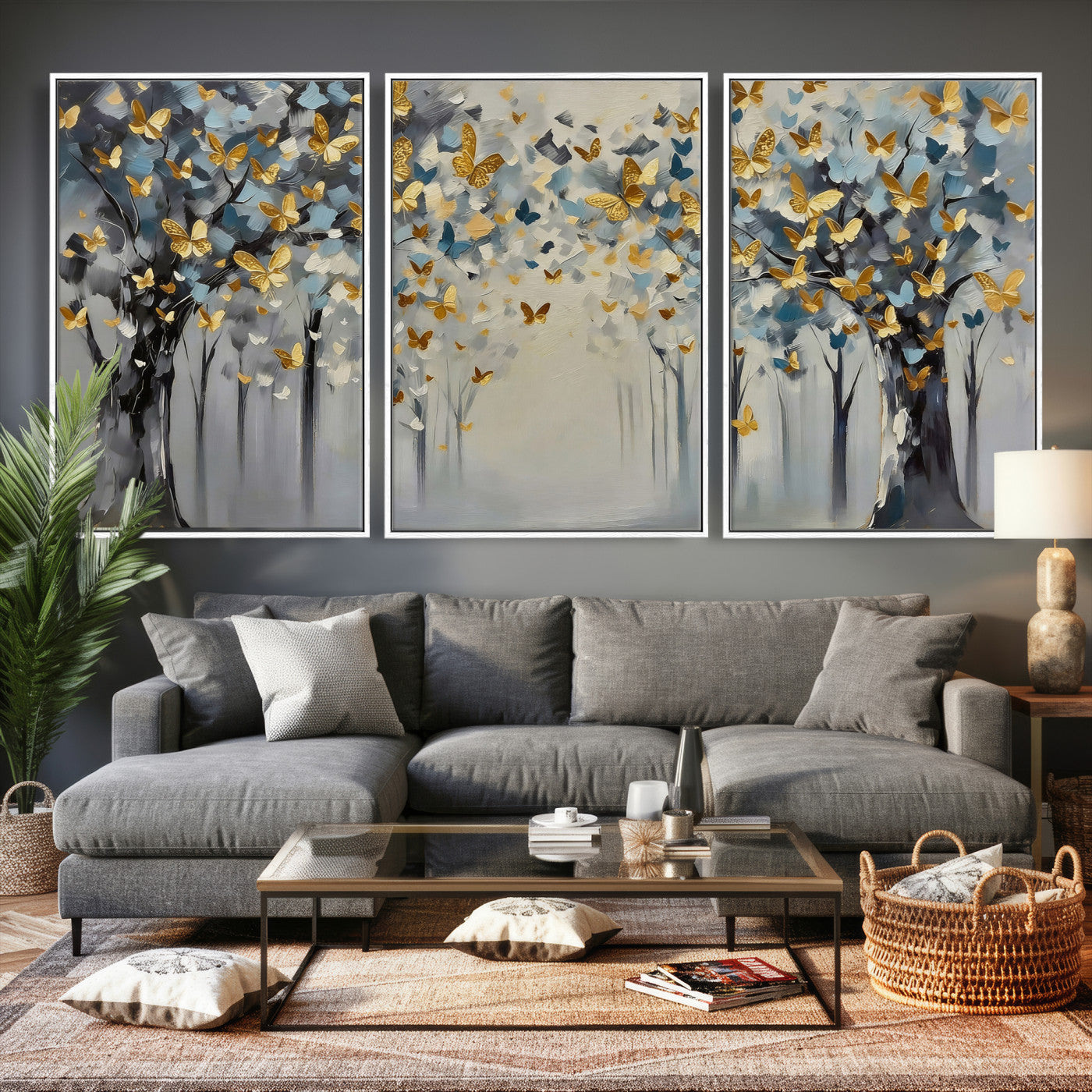 79208191-MGV-CV-36X24 - Golden Butterfly Tree Abstract Wall Art Canvas Print, Modern Elegant Nature Painting Canvas Print, Blue Gold Contemporary Floral Art Printing