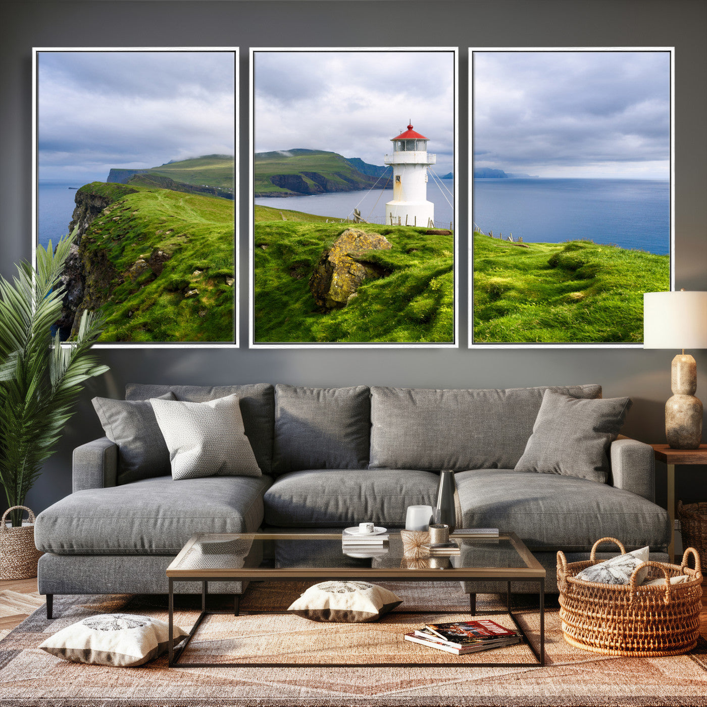10680390-MGV-CV-36X24 - Coastal Lighthouse Wall Art Canvas Print, Cliffside Ocean Landscape Canvas Print, Scandinavian Coastal Decor for Living Room
