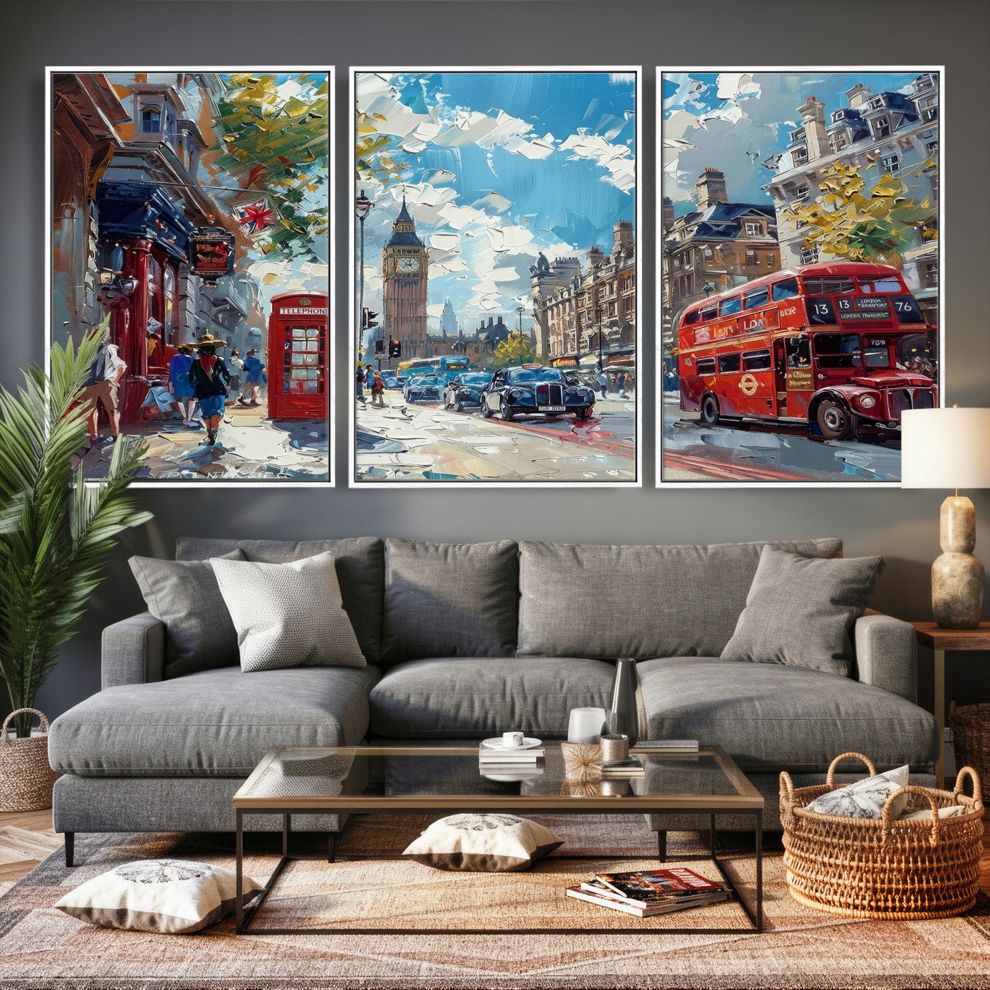 17630888-MGV-CV-36X24 - Modern London City Street Wall Art Canvas Print, Big Ben & Red Bus Artwork Canvas Print