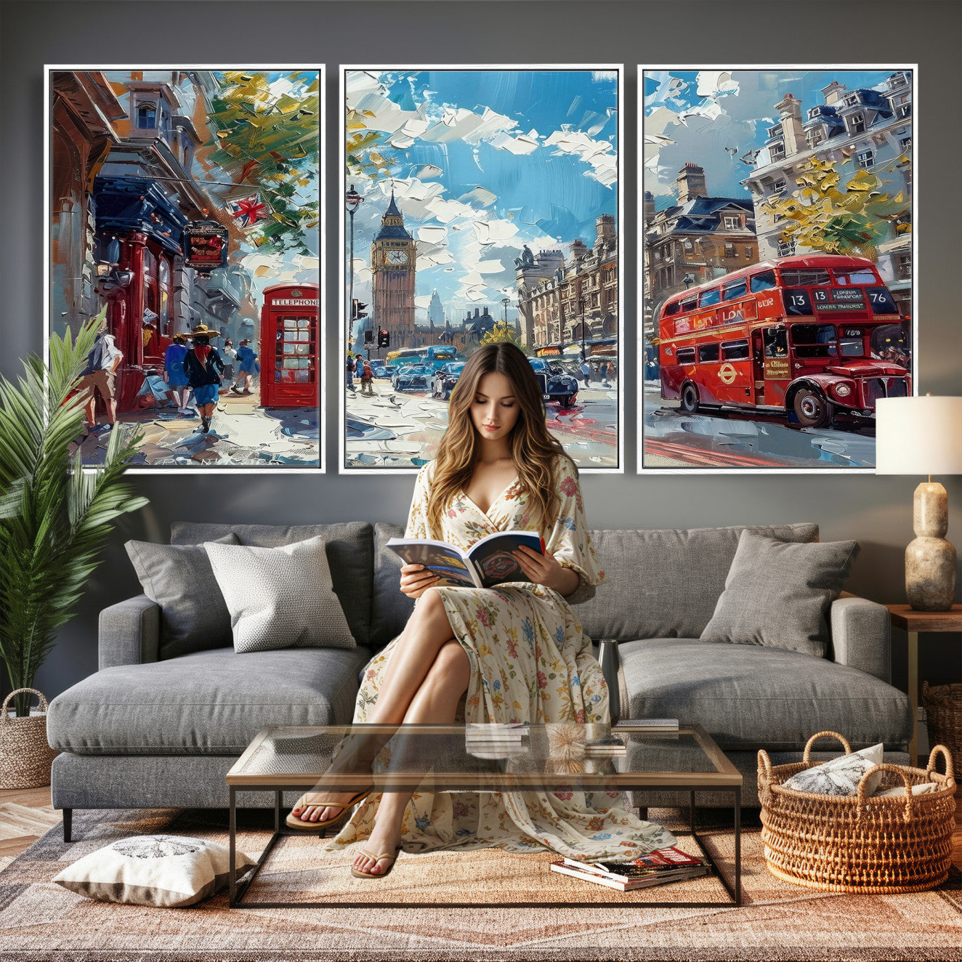 17630888-MGV-CV-36X24 - London Street Canvas Wall Art — Big Ben Red Bus Print | Oil Painting Style | UK City Wall Decor | Travel Art Gift | Living Room Print