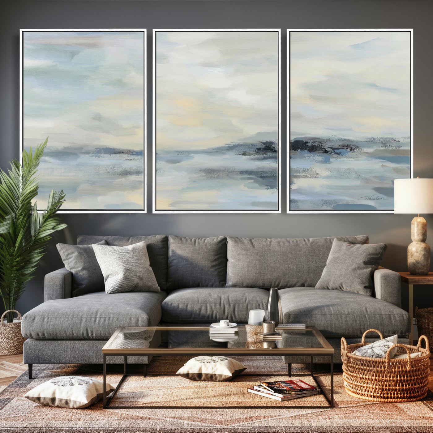 24647355-MGV-CV-36X24 - Abstract Coastal Landscape Wall Art Canvas Print – Soft Blue Gray Minimalist Painting