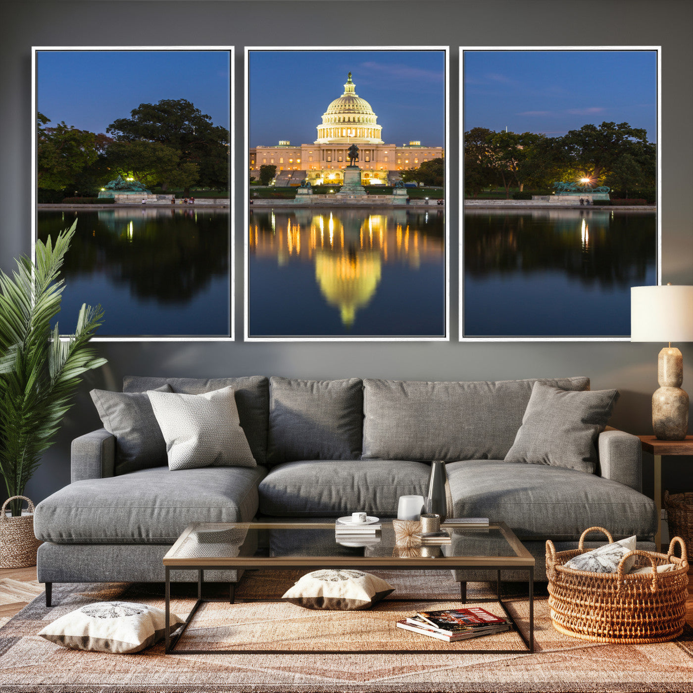 95568590-MGV-CV-36X24 - US Capitol Building Wall Art Canvas Print – Washington DC Landmark Night Reflection Artwork for Office Decor