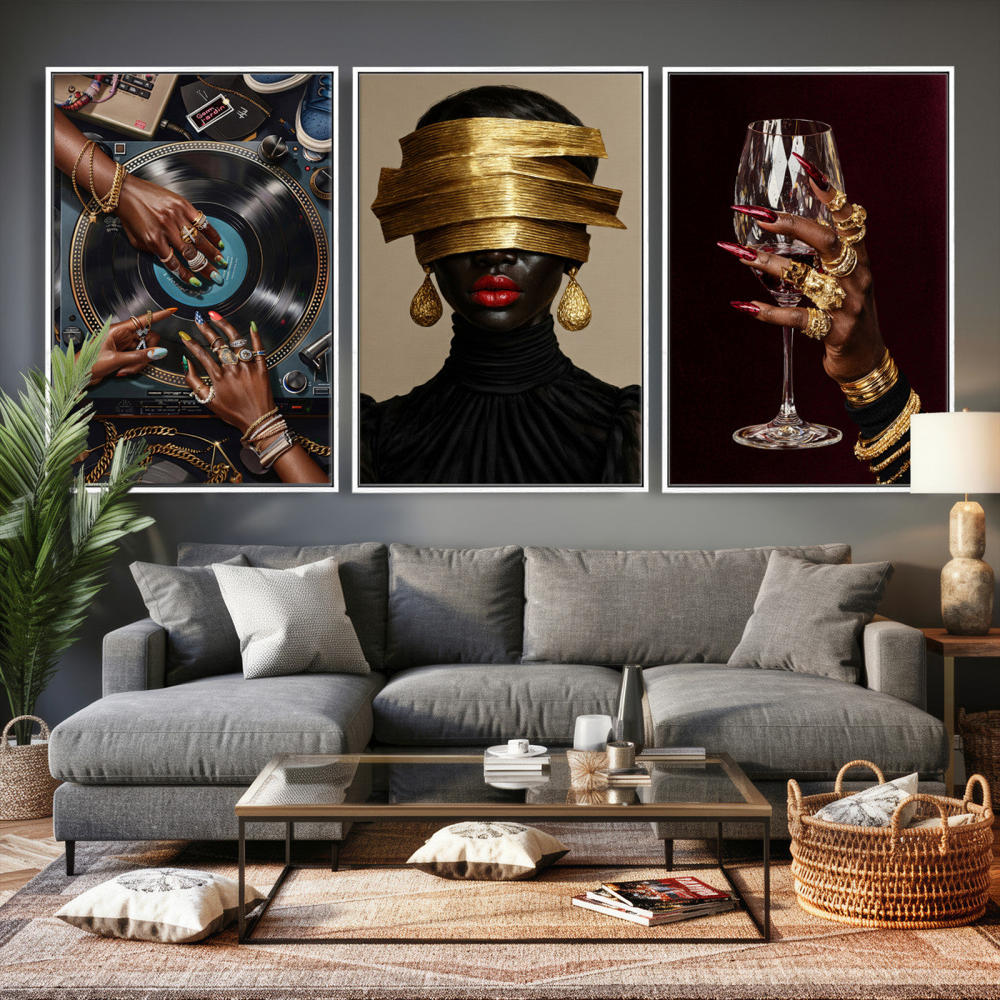 8151788S6-MGV-CV-60X30-3P - Luxury Fashion Wall Art Canvas Print Set of 3, Gold Jewelry Portrait Triptych, Glam Black Woman Modern Artwork
