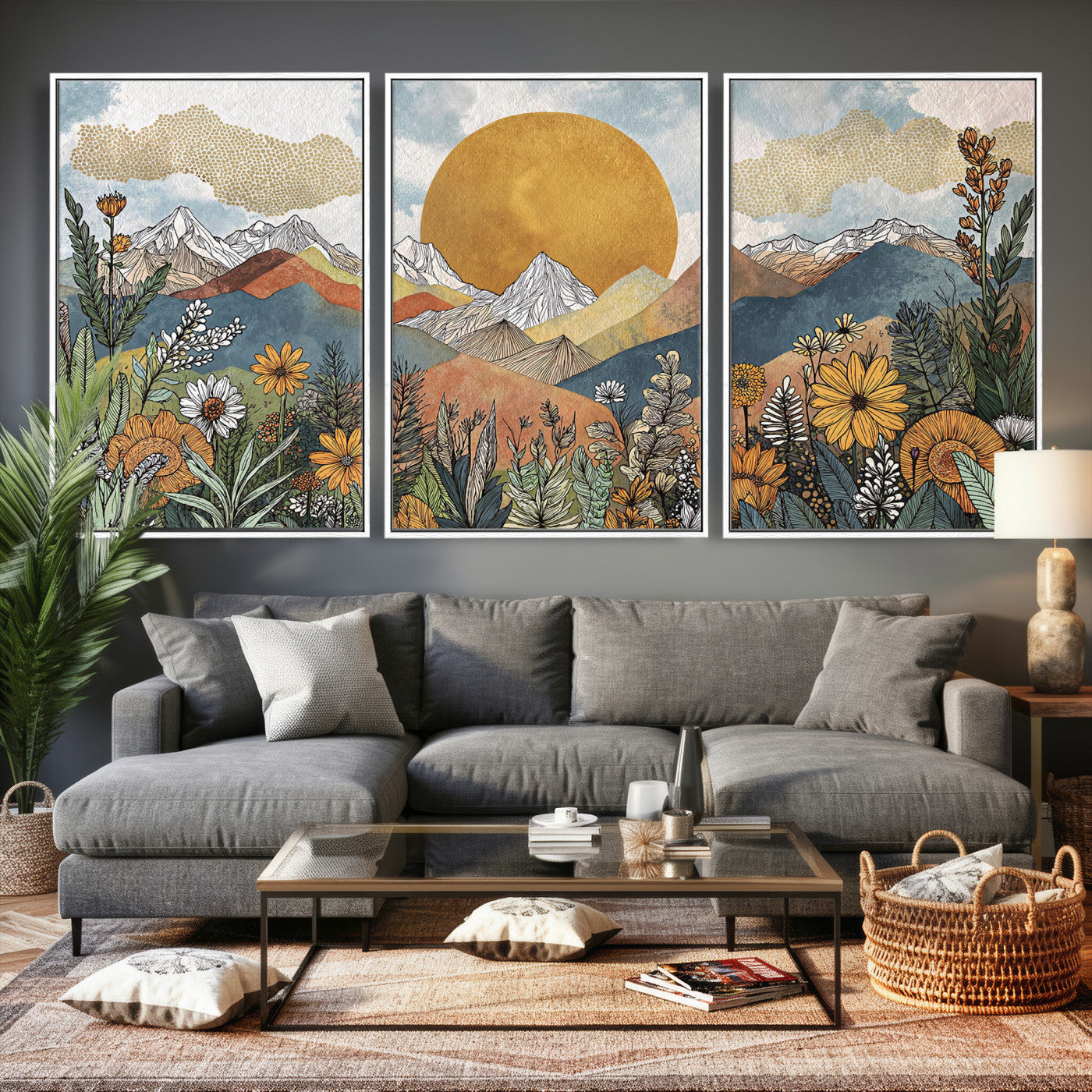 17540863-MGV-CV-36X24 - Boho Mountain Landscape Large Wall Art, Horizontal Gold Framed Canvas Print with Sun and Flowers