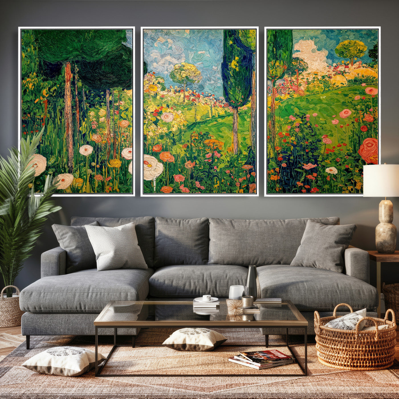 83517974-MGV-CV-36X24 - Gustav Klimt Boho Mountain Landscape Large Wall Art, Horizontal Gold Framed Canvas Print with Sun and Flowers