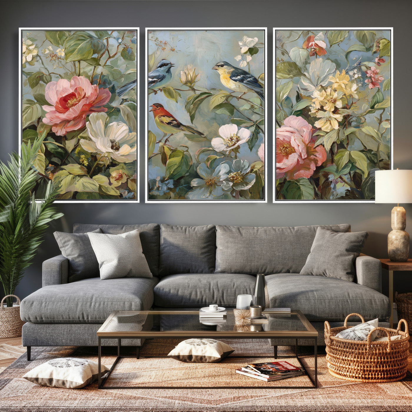 55440837-MGV-CV-36X24 - Vintage Birds and Flowers Wall Art Canvas Print, Botanical Bird Painting Canvas Print, Floral Garden Bird Artwork Canvas Print, Classic Bird Flower Painting Canvas Print