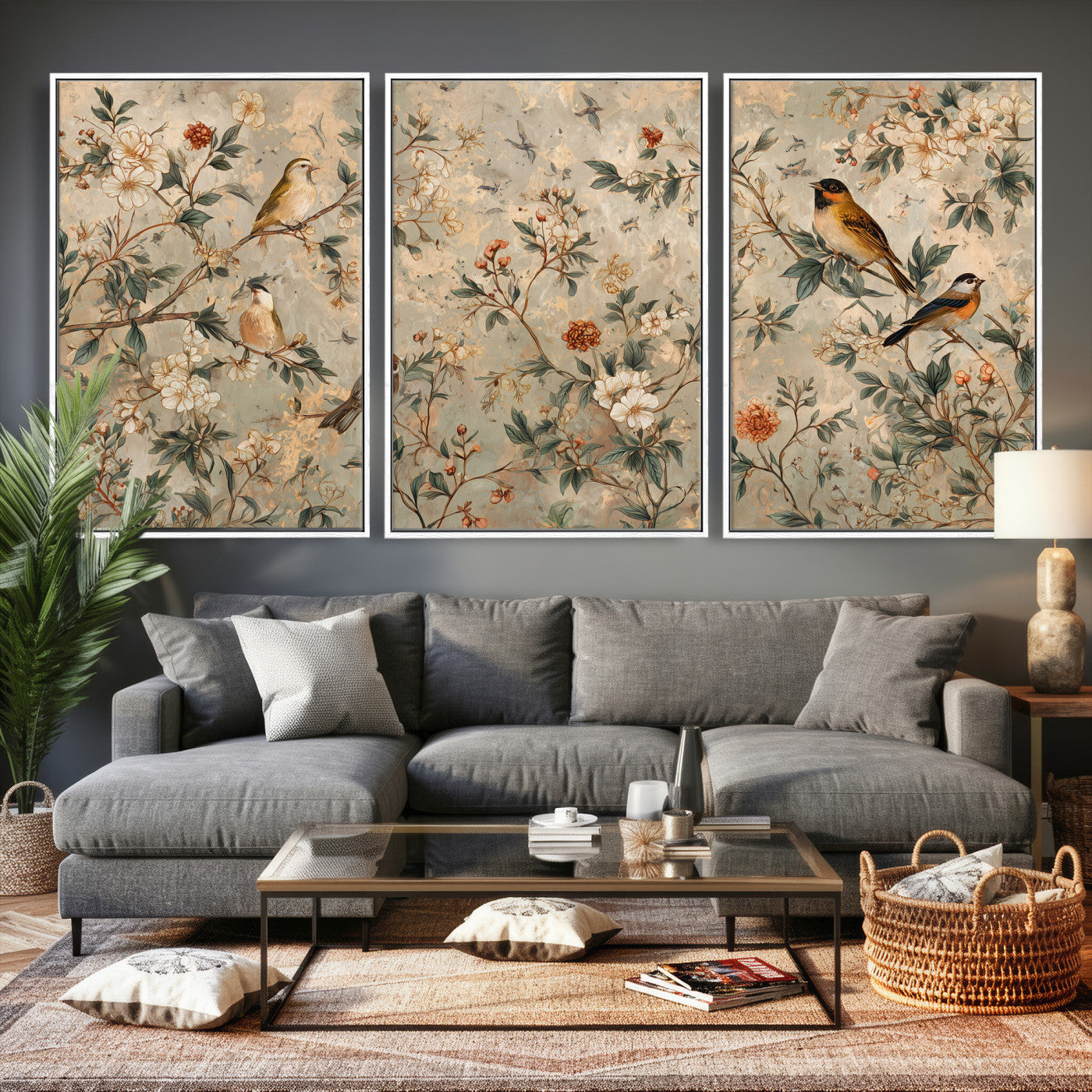 76588438-MGV-CV-36X24 - Vintage Birds and Flowers Wall Art Canvas Print, Botanical Bird Painting Canvas Print, Floral Garden Bird Artwork Canvas Print, Classic Bird Flower Painting Canvas Print