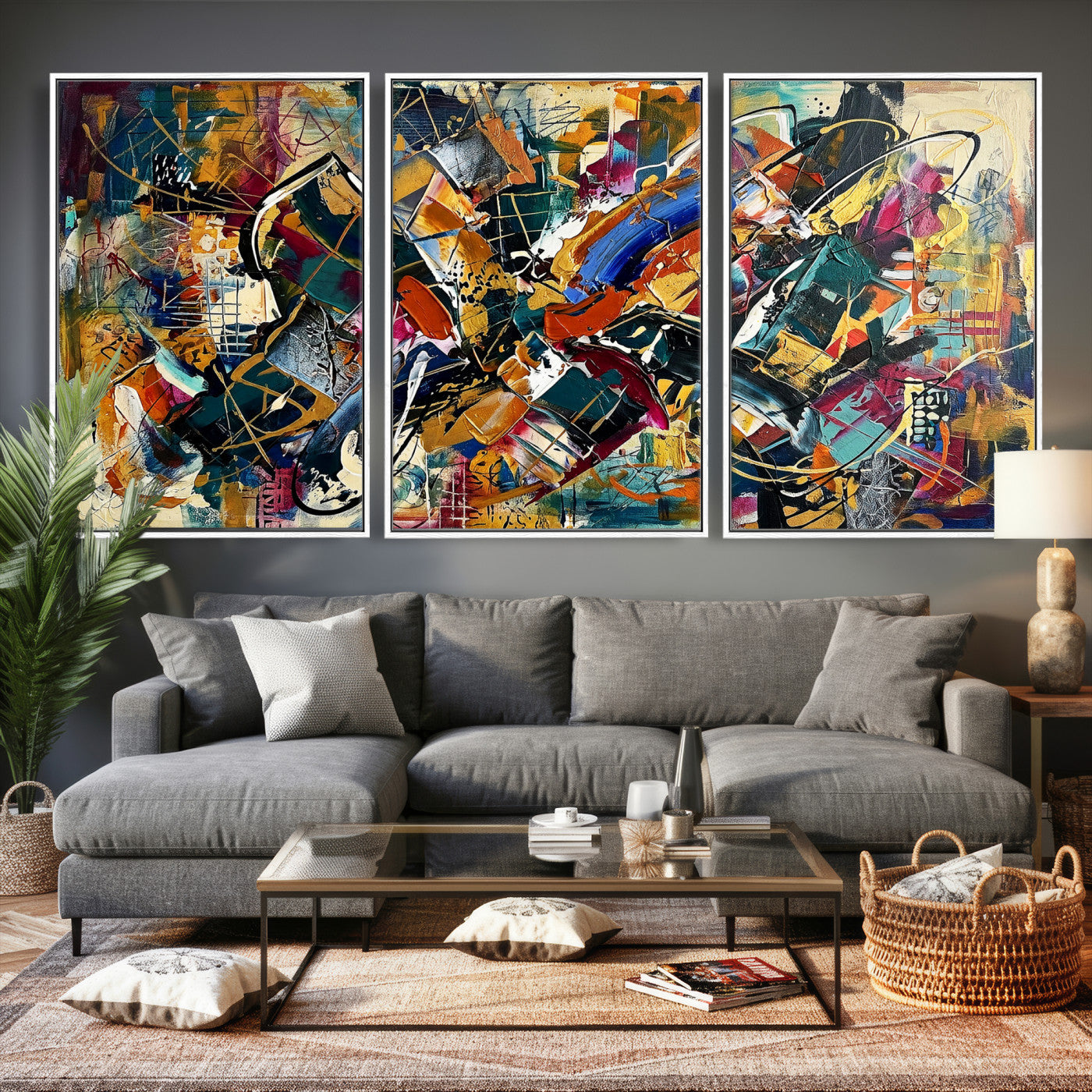 15525527-MGV-CV-36X24 - Geometric Abstract Wall Art Canvas Print, Orange Blue Abstract Expressionist Painting Print, Modern Geometric Abstract Canvas Art