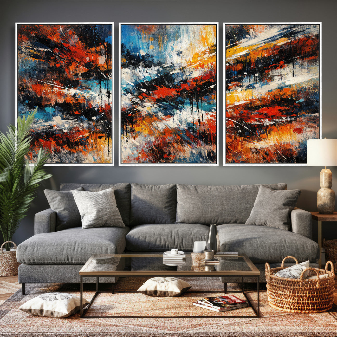 80276069-MGV-CV-36X24 - Geometric Abstract Wall Art Canvas Print, Orange Blue Abstract Expressionist Painting Print, Modern Geometric Abstract Canvas Art