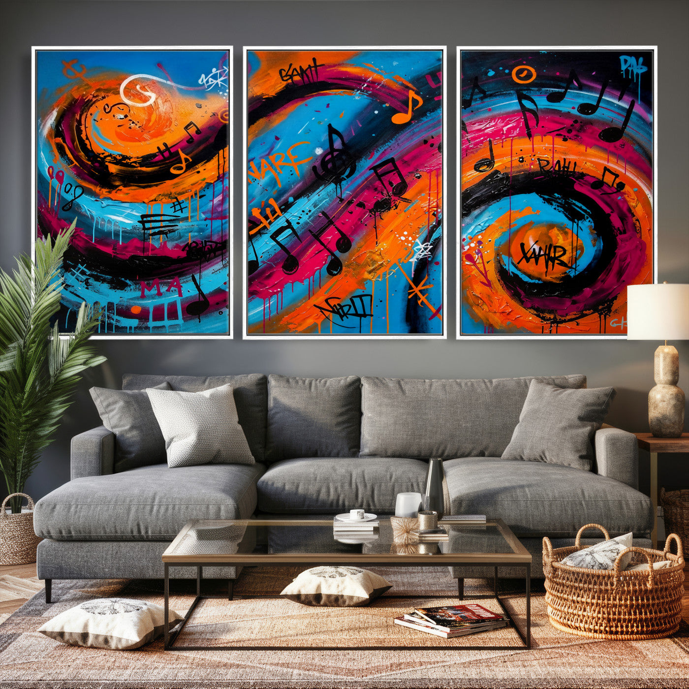 34936518-MGV-CV-36X24 - Geometric Abstract Wall Art Canvas Print, Orange Blue Abstract Expressionist Painting Print, Modern Geometric Abstract Canvas Art