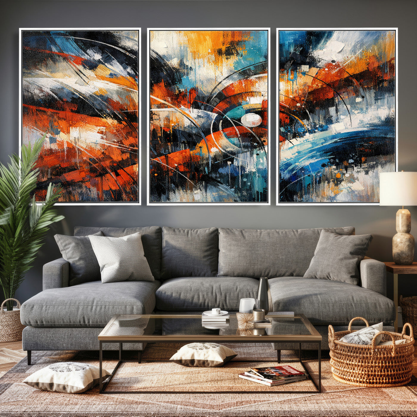 47120691-MGV-CV-36X24 - Geometric Abstract Wall Art Canvas Print, Orange Blue Abstract Expressionist Painting Print, Modern Geometric Abstract Canvas Art