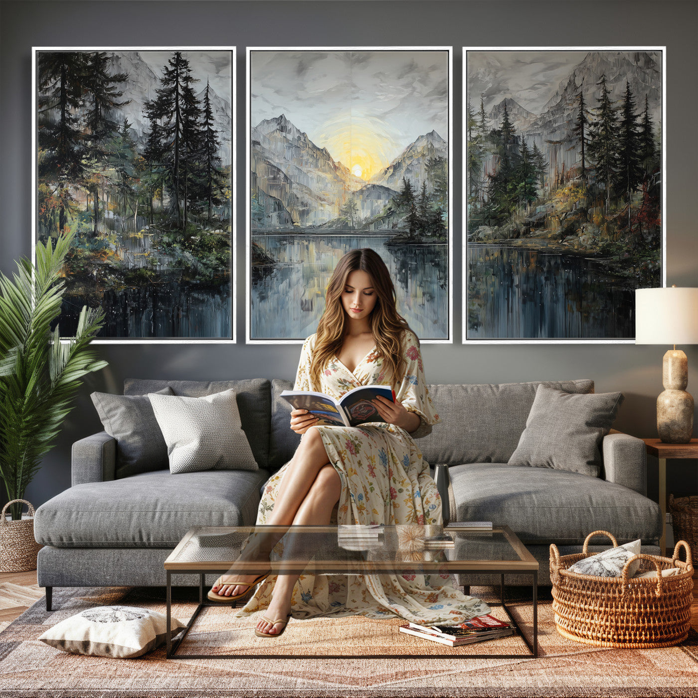 72377107-MGV-CV-60X30-3P - Drip Style Forest Lake Gold Art — Abstract Expressionist Mountain Print | Grey Pine Tree Canvas | Moody Nature Wall Decor | Large Panoramic Art