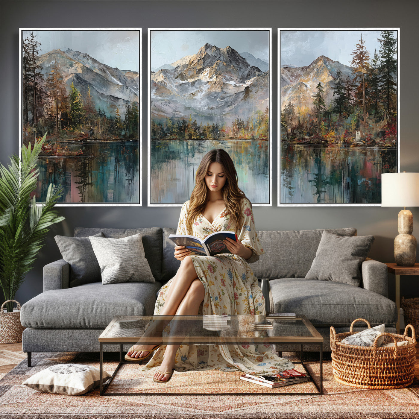 15527546-MGV-CV-60X30-3P - Drip Style Forest Lake Gold Art — Abstract Expressionist Mountain Print | Grey Pine Tree Canvas | Moody Nature Wall Decor | Large Panoramic Art