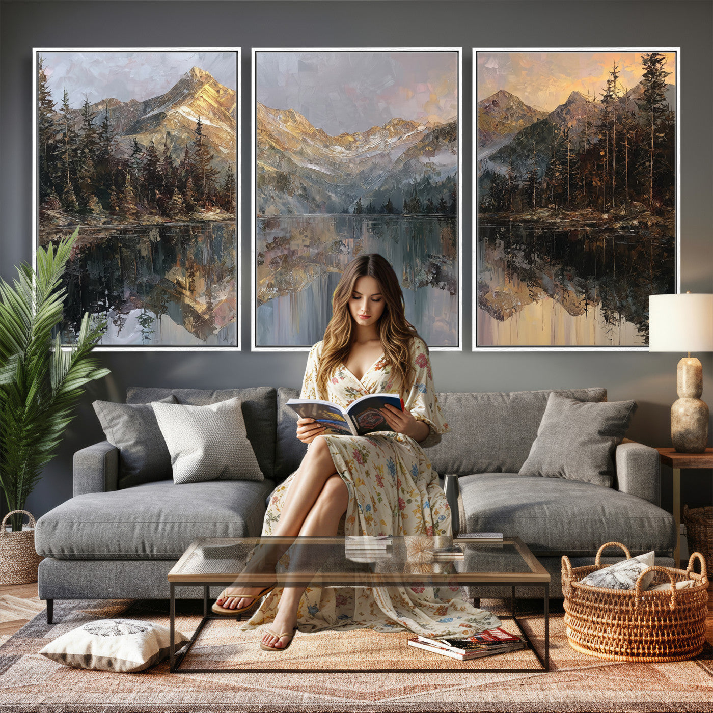 37675699-MGV-CV-60X30-3P - Drip Style Forest Lake Gold Art — Abstract Expressionist Mountain Print | Grey Pine Tree Canvas | Moody Nature Wall Decor | Large Panoramic Art