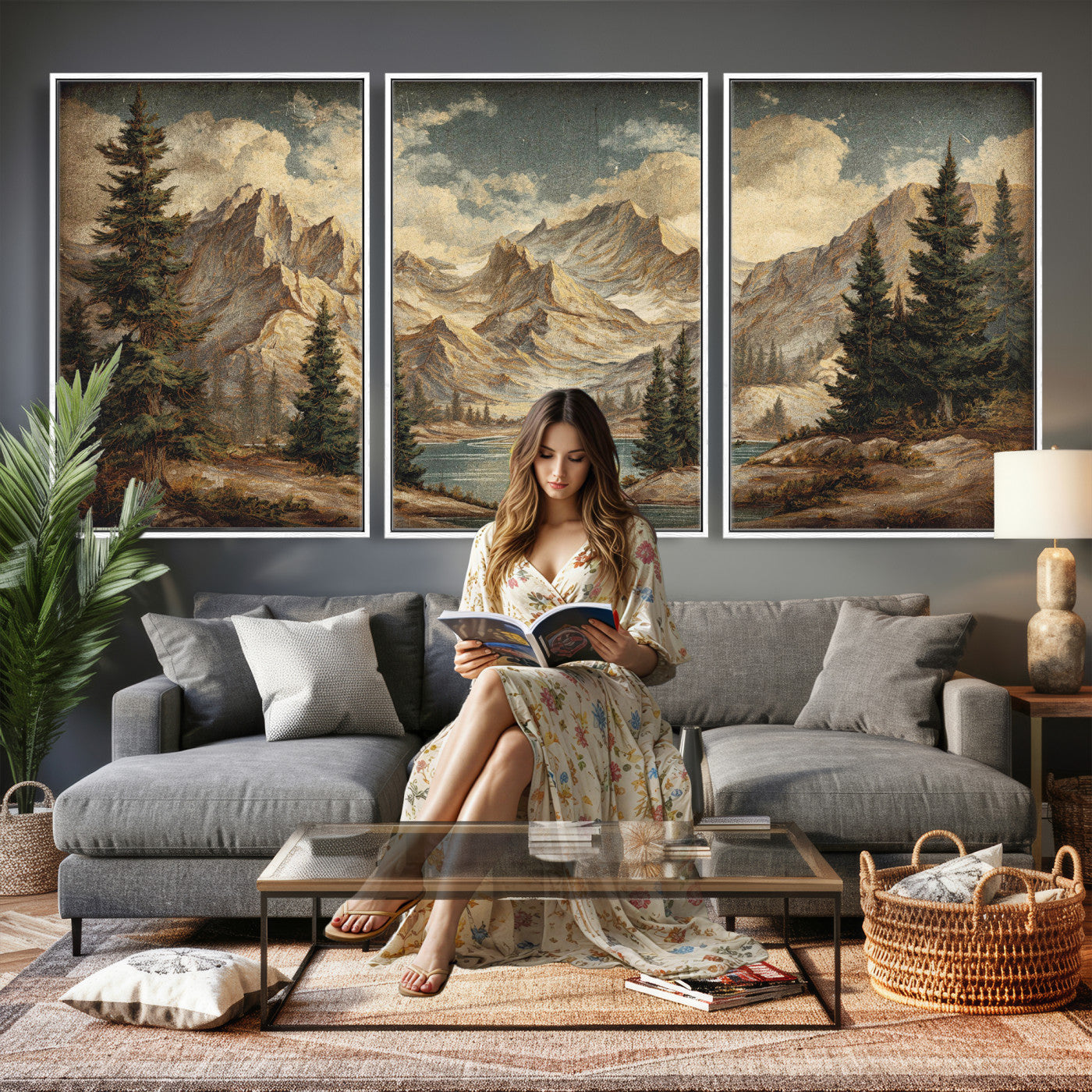 62093020-MGV-CV-60X30-3P - Drip Style Forest Lake Gold Art — Abstract Expressionist Mountain Print | Grey Pine Tree Canvas | Moody Nature Wall Decor | Large Panoramic Art
